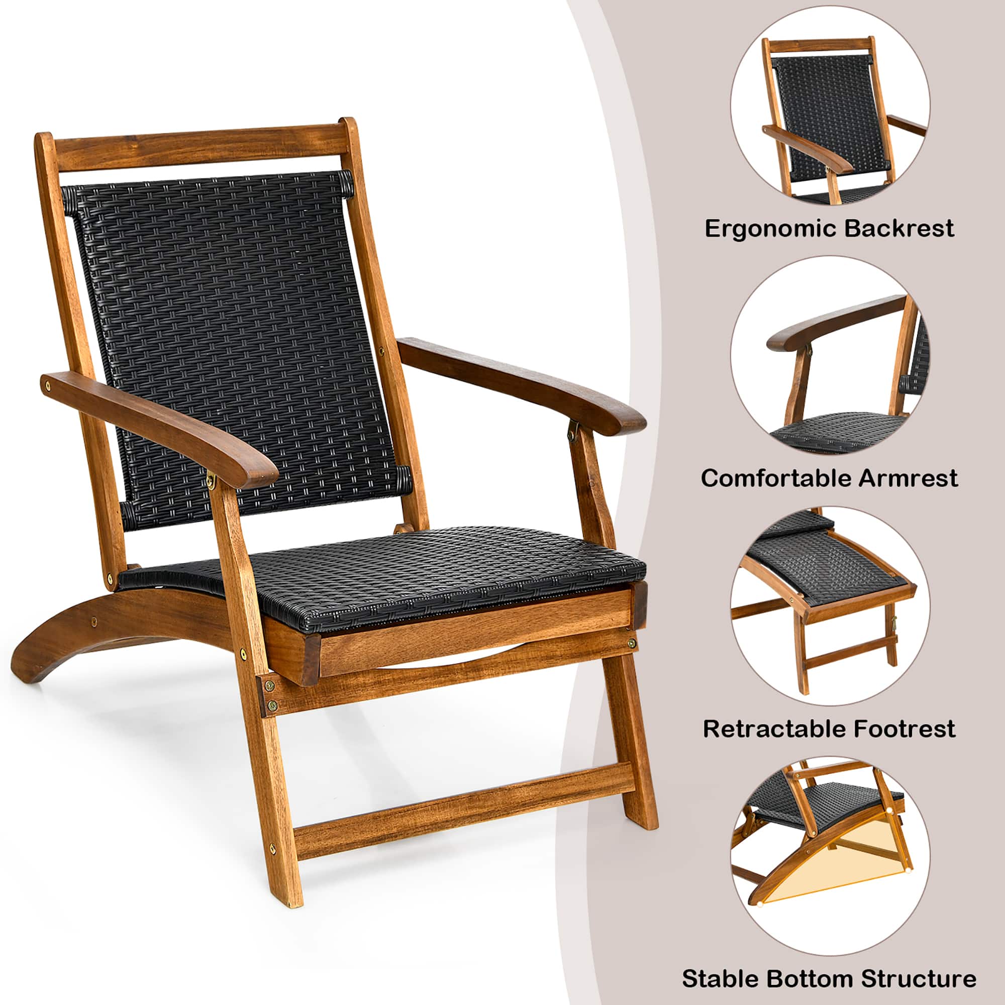 Ergonomic Backrest, Comfortable Armrest, Retractable Footrest, Stable Bottom Structure.