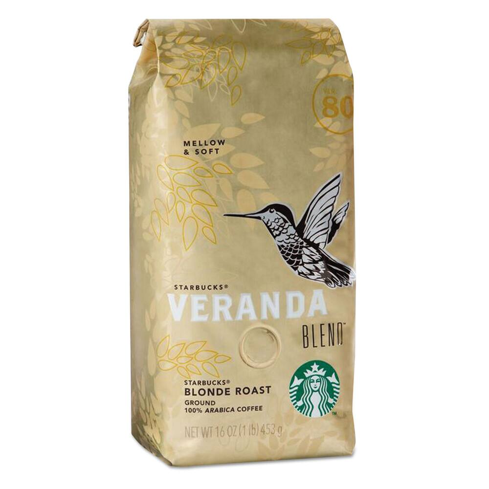 VER. 80 MELLOW & SOFT  
STARBUCKS VERANDA BLEND  
STARBUCKS BLONDE ROAST  
GROUND 100% ARABICA COFFEE  
NET WT 16 OZ (1 lb) 453 g  
TM