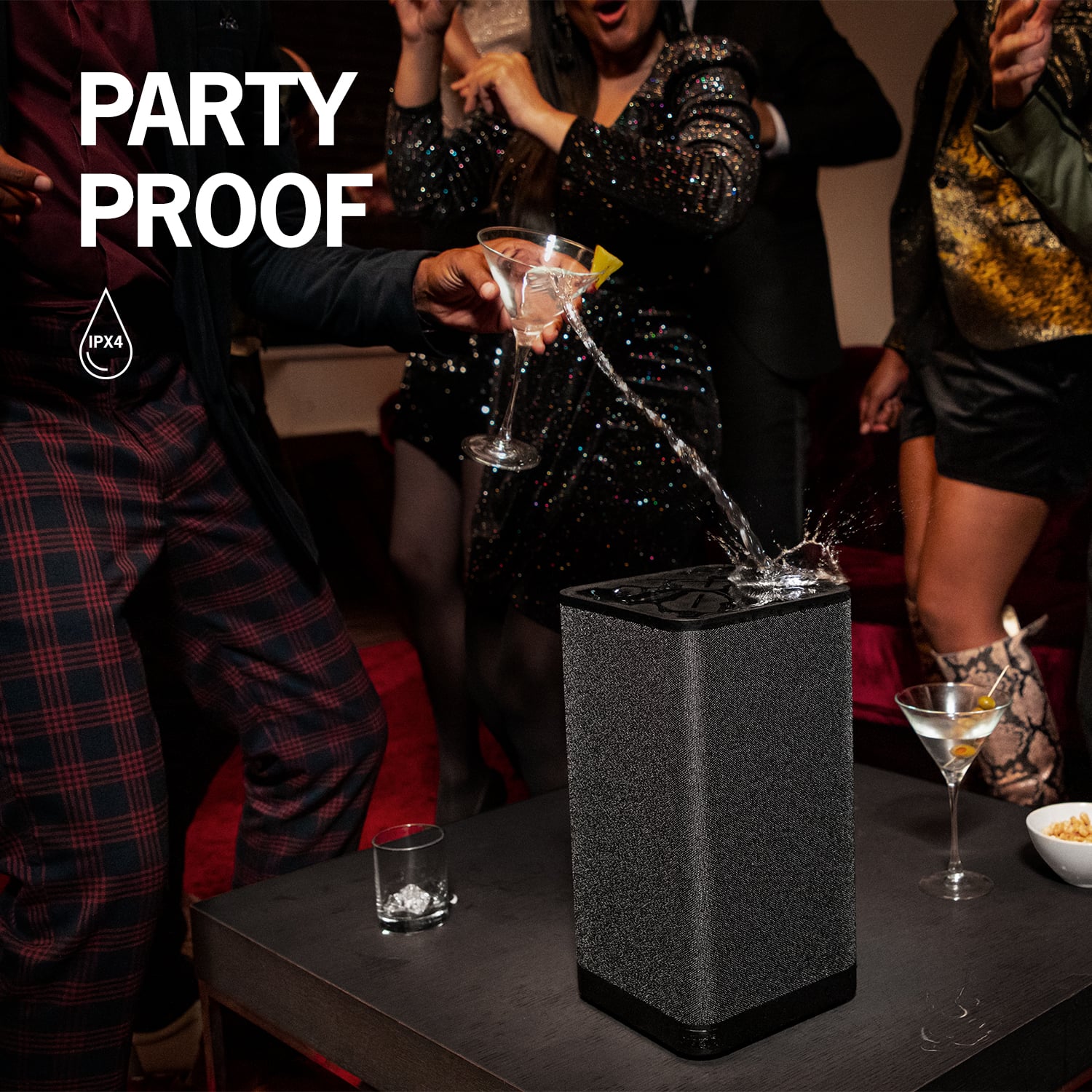 The text on the image reads "Party Proof IPX4."
