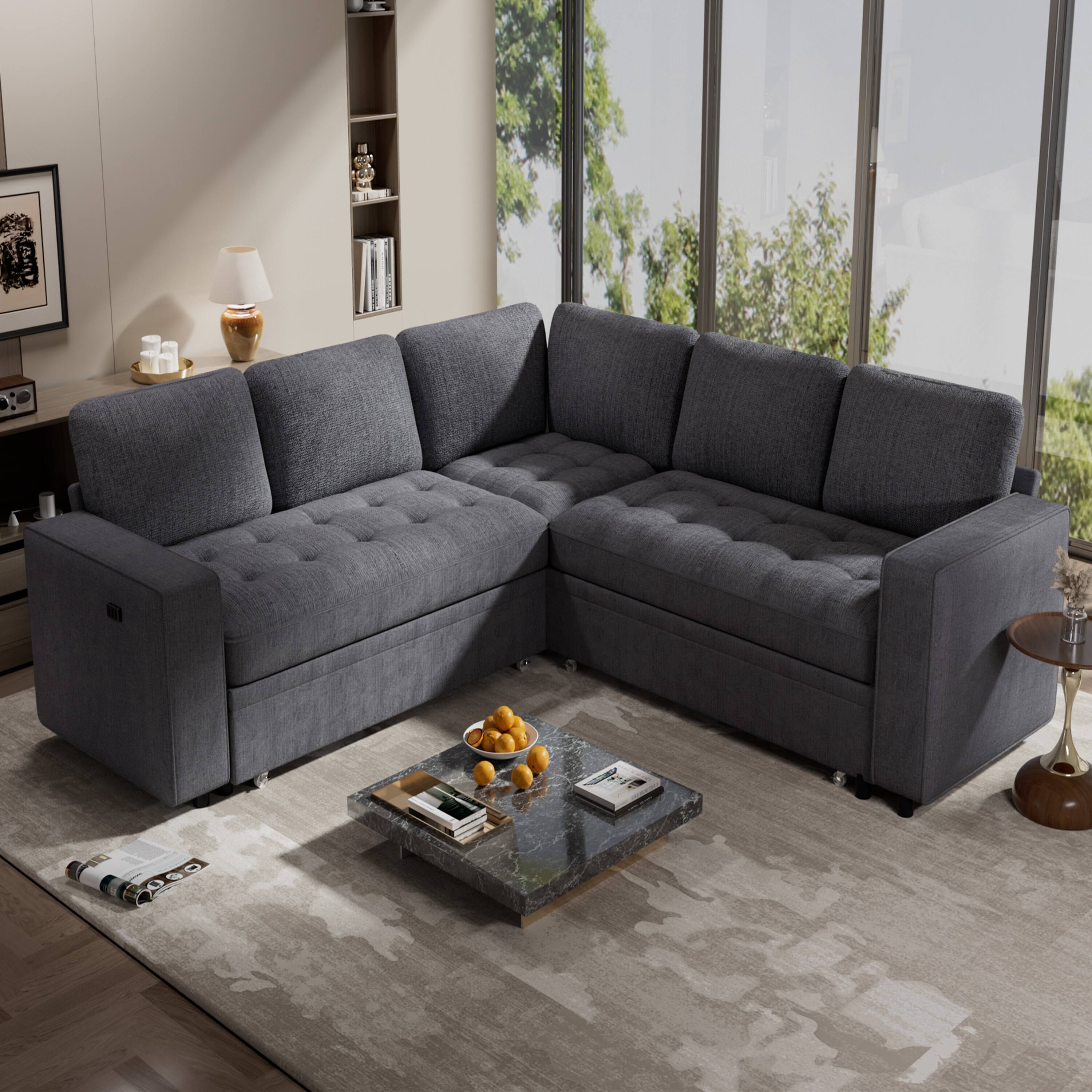 Angle. Vipbear - Vipbear 5 Seat L Shaped Modular Sectional Sleeper Sofa Bed with Pull Out Bed/Reclining Backrest/USB Ports/Storage Seat - Grey.