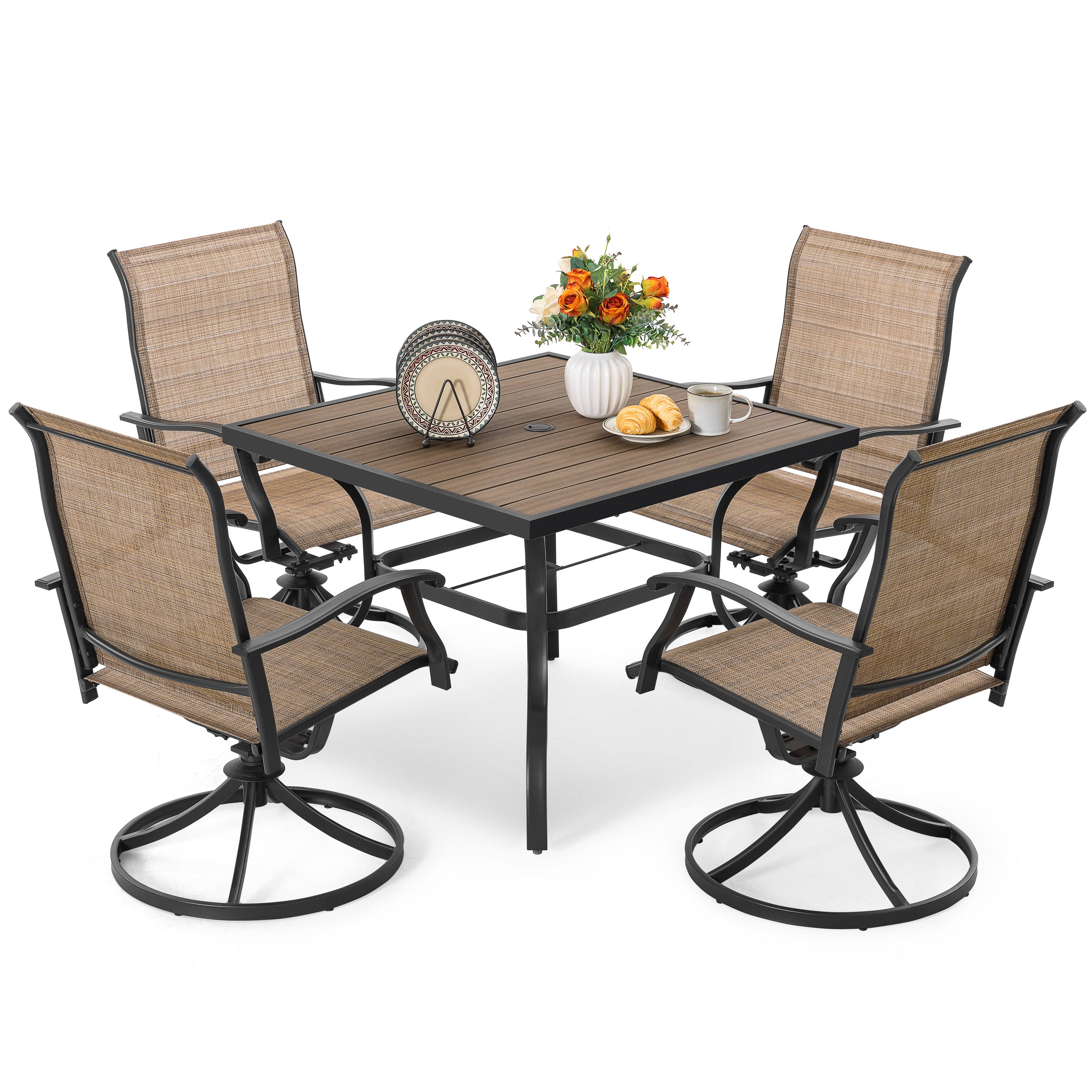 Alt View 10. Nuu Garden - 5-Piece Patio Outdoor Textilene and Metal Dining Set with Umbrella Hole - Brown and Black.