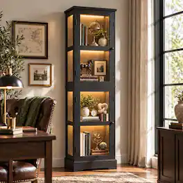 Aheaplus - Tall RGB LED Glass Door Display Bookcase, Modern Narrow Storage Cabinet for Books, Collectibles & Home - Black
