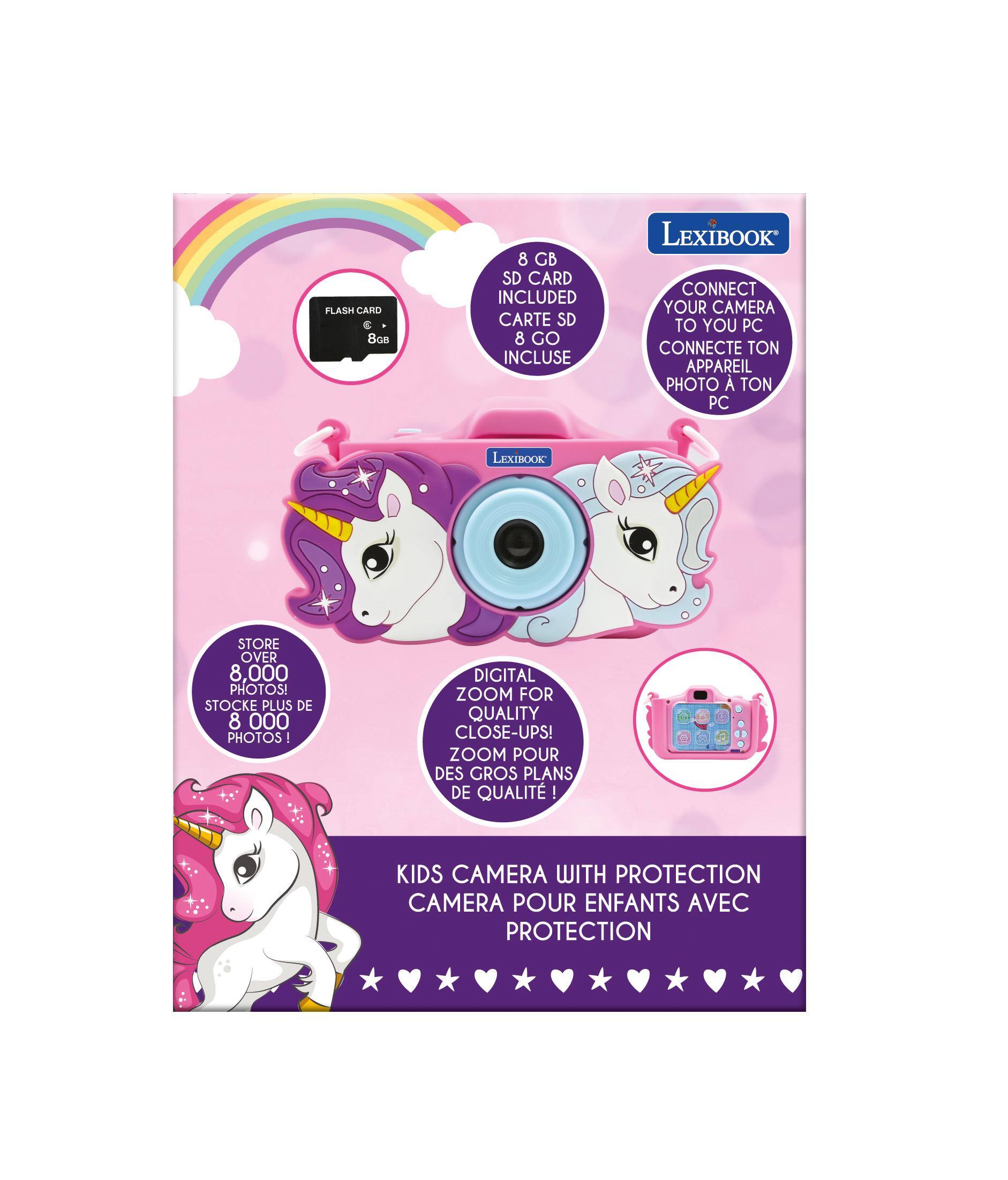 FLASH CARD 8 GB SD CARD INCLUDED CARTE SD 8 GO INCLUSE LEXIBOOK CONNECT YOUR CAMERA TO YOUR PC CONNECTE TON APPAREIL PHOTO A TON PC LEXIBOOK STORE OVER 8,000 PHOTOS! STOCKE PLUS DE 8 000 PHOTOS! DIGITAL ZOOM FOR QUALITY CLOSE-UPS! ZOOM POUR DES GROS PLANS DE QUALITE! KIDS CAMERA WITH PROTECTION CAMERA POUR ENFANTS AVEC PROTECTION