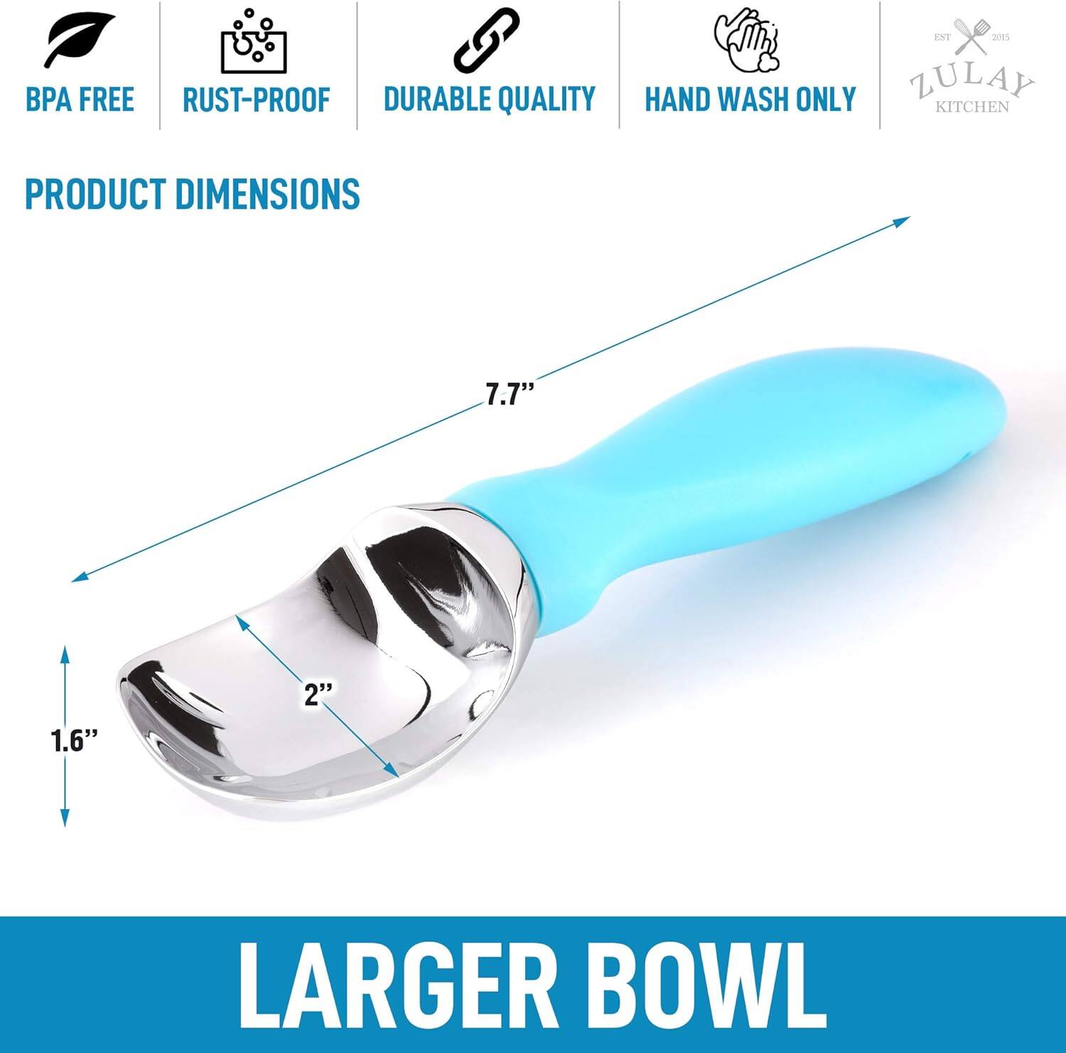 BPA FREE  
RUST-PROOF  
DURABLE QUALITY  
HAND WASH ONLY  

PRODUCT DIMENSIONS  
7.7"  
1.6"  
2"  

LARGER BOWL