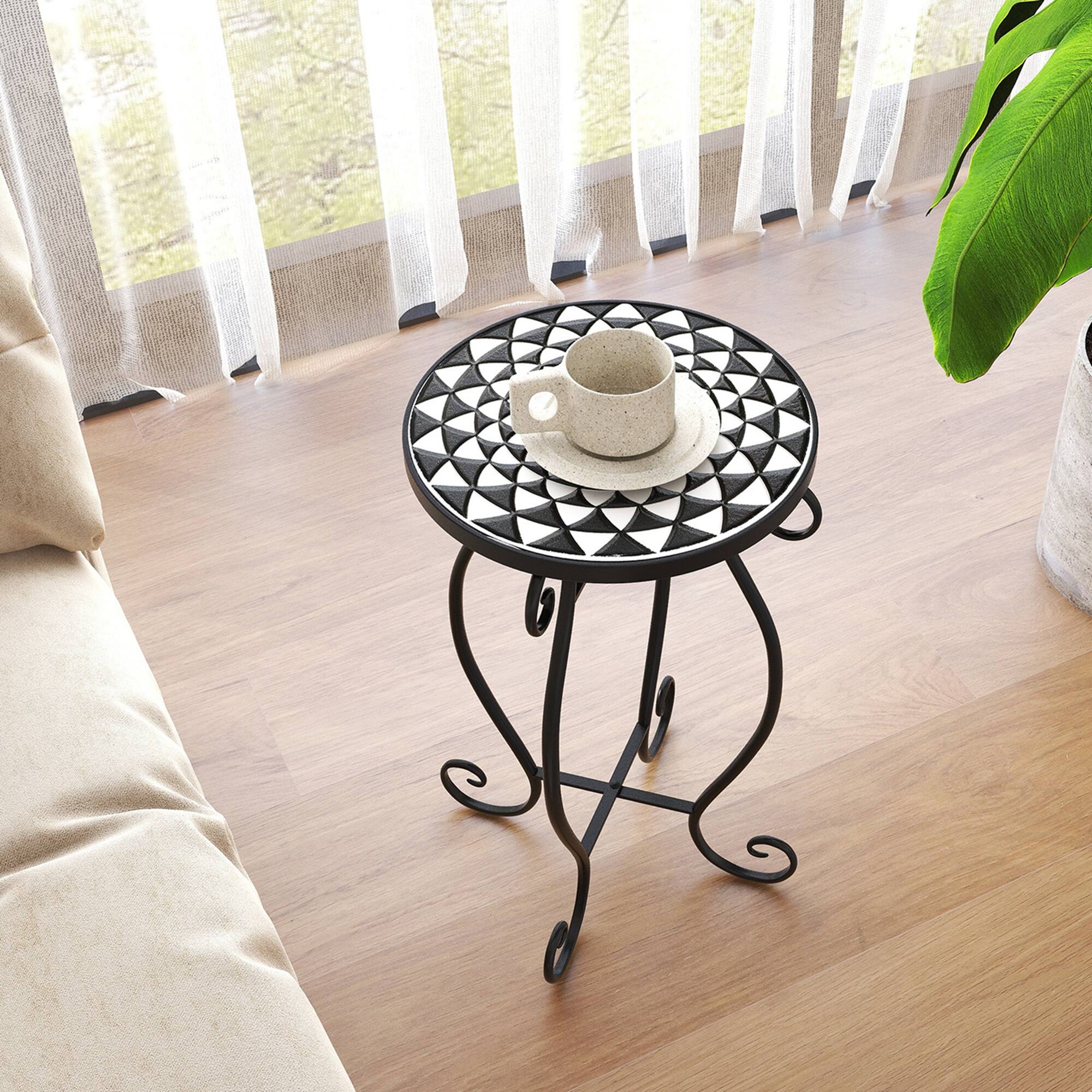 Alt View 2. Costway - Costway Mosaic Outdoor Side Table, Round End Table with Weather Resistant Ceramic Tile Tabletop - Black/White.