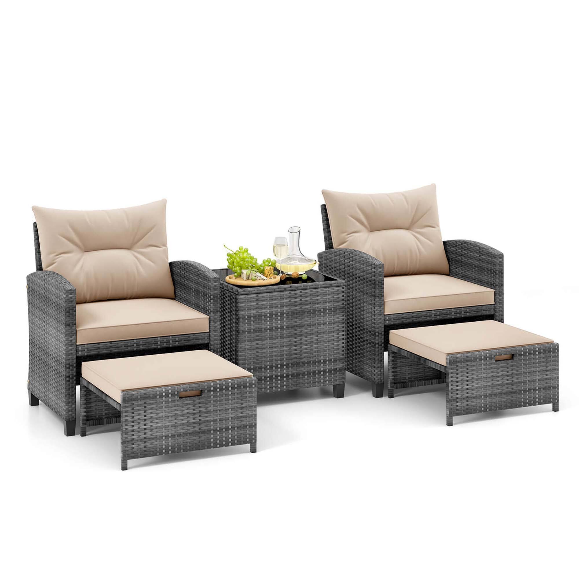 Front. Costway - Costway 5 PCS Patio Rattan Furniture with 2 Ottomans & Tempered Glass Coffee Table - Beige.