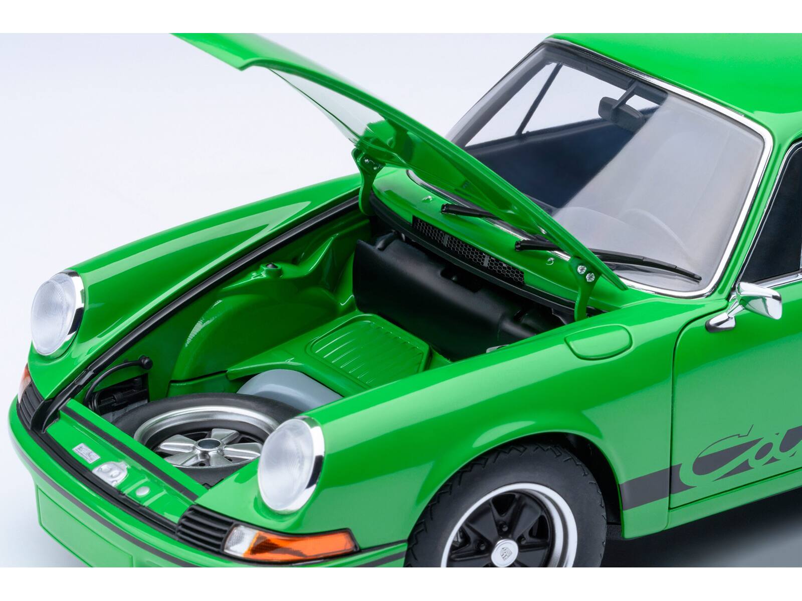 Left. Autoart - Porsche 911 Carrera 2.7 RS Viper Green with Black Stripes and Wheels 1/18 Model Car by Autoart - Green with Black Stripes.