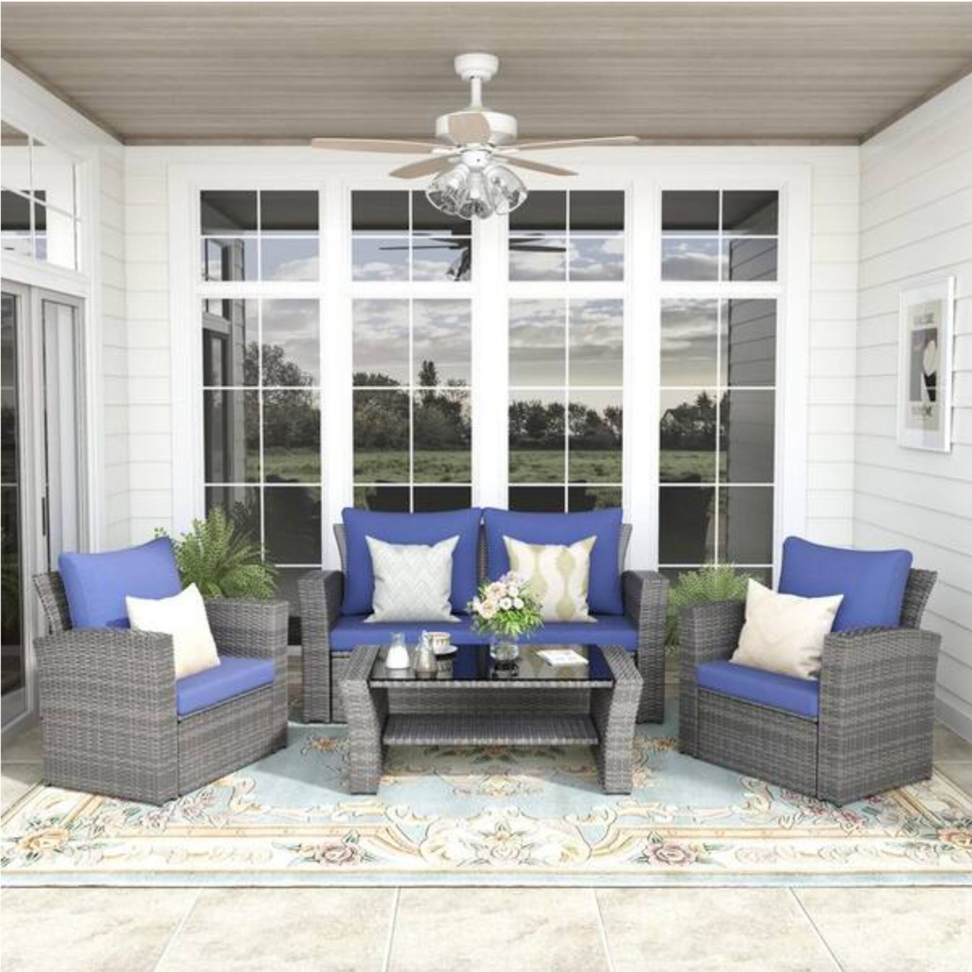 Angle. Mondawe - 4-Piece Wicker Patio Conversation Set with Glass Table and Cushions - Blue+Brown.