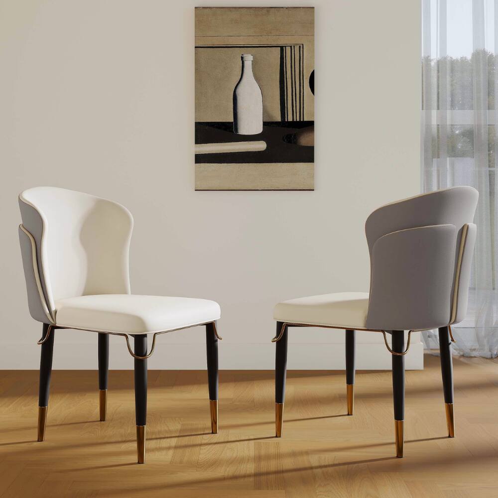 Left. POVISON - Modern Upholstered Dining Chairs Set of 2, Wingback Leather Side Chairs, Gray & Beige - Gray & Beige.