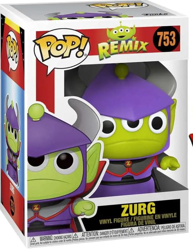 Sure, here is the corrected and grouped text from the image:

---

**Top Left:**
- POP!

**Top Center:**
- POP! REMIX
- 753

**Center:**
- ZURG

**Bottom:**
- VINYL FIGURE / FIGURINE EN VINYLE / FIGURA DE VINIL
- WARNING: CHOKING HAZARD - Small parts. Not suitable for children under 36 months.
- ATTENTION: DANGER D'ÉTOUFFEMENT - Petites pièces. Ne convient pas aux enfants de moins de 36 mois.
- ADVERTENCIA: PESETO DE ASFIXIA - Piezas pequeñas. No es adecuado para niños menores de 36 meses.

**Bottom Left:**
- (Warning symbol) WARNING: CHOKING HAZARD - Small parts. Not suitable for children under 36 months.

**Bottom Right:**
- (Warning symbol) ATTENTION: DANGER D'ÉTOUFFEMENT - Petites pièces. Ne convient pas aux enfants de moins de 36 mois.
- (Warning symbol) ADVERTENCIA: PESETO DE ASFIXIA - Piezas pequeñas.