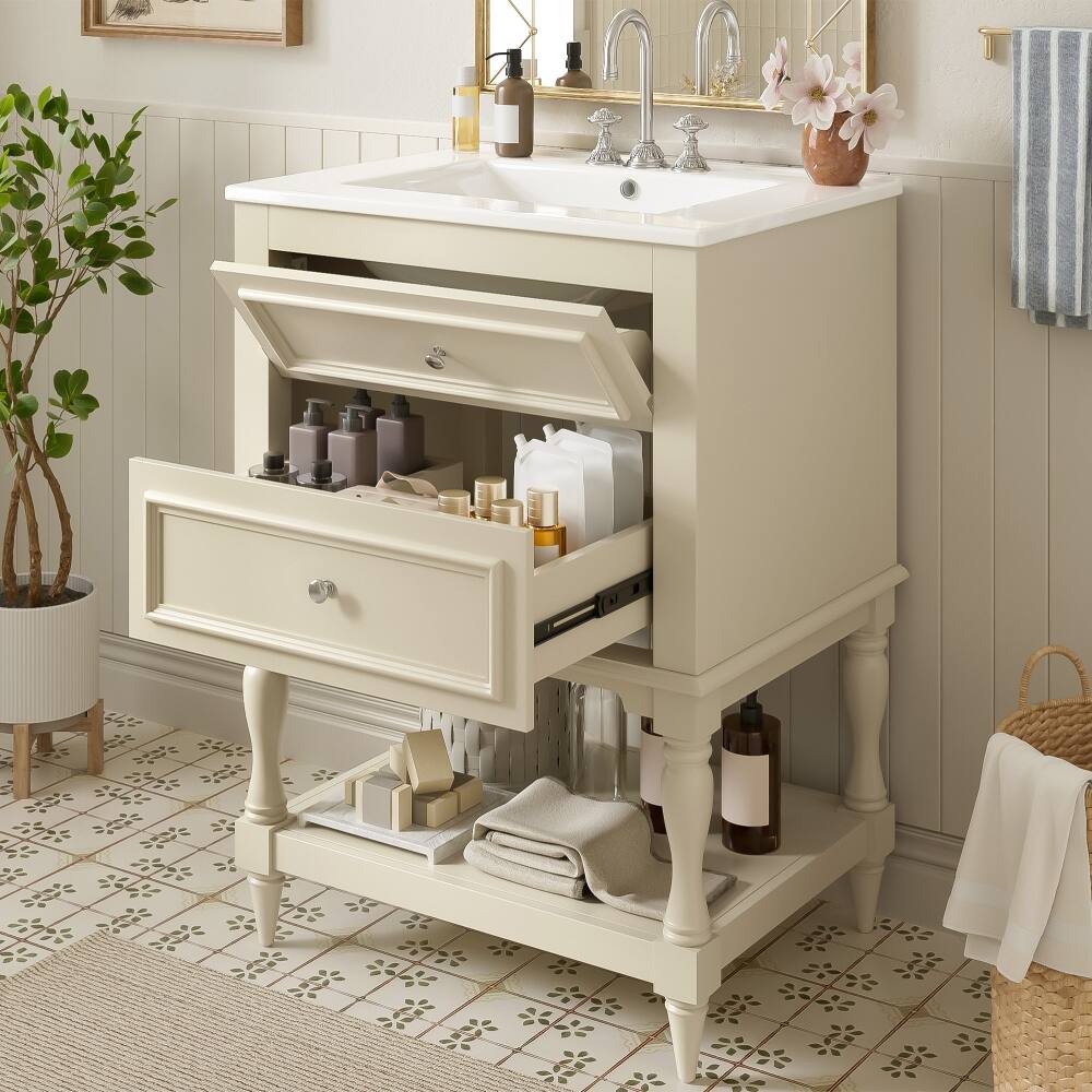 Back. Loheer - Loheer 24 inch bathroom vanity with ceramic sink, Beige Retro Cabinet with Open Shelf - Beige.