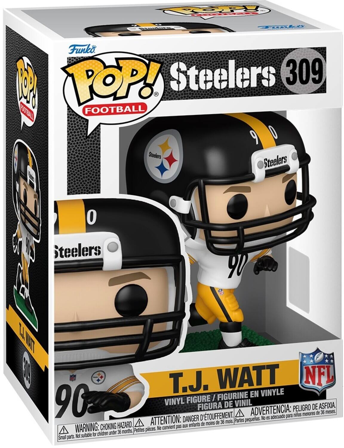 Sure, here is the corrected and grouped text from the image:

---

**Funko POP! Football**

**Steelers 309**

**T.J. WATT**

**VINYL FIGURE / FIGURINE EN VINYLE / FIGURA DE VINIL**

**WARNING: CHOKING HAZARD. Small parts. Not suitable for children under 36 months.**

**ATTENTION: DANGER D'ÉTOUFFEMENT. Petites pièces. Ne convient pas aux enfants de moins de 36 mois.**

**ADVERTENCIA: PELIGRO DE ASFIXIA. No es adecuado para niños menores de 36 meses.**

---

This text is organized to reflect the information on the packaging, including the brand, series, figure number, name, and safety warnings.