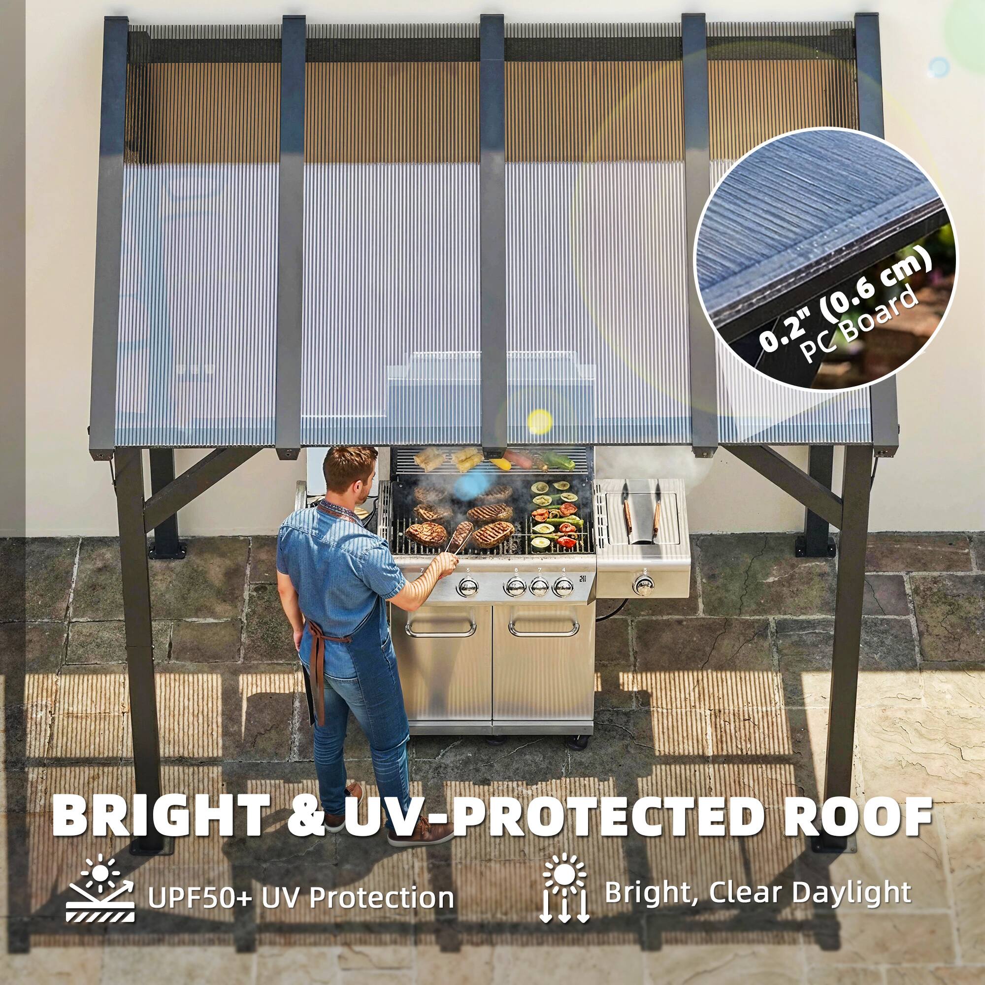 0.2" (0.6 cm) PC Board

BRIGHT & UV-PROTECTED ROOF
UPF50+ UV Protection
Bright, Clear Daylight
