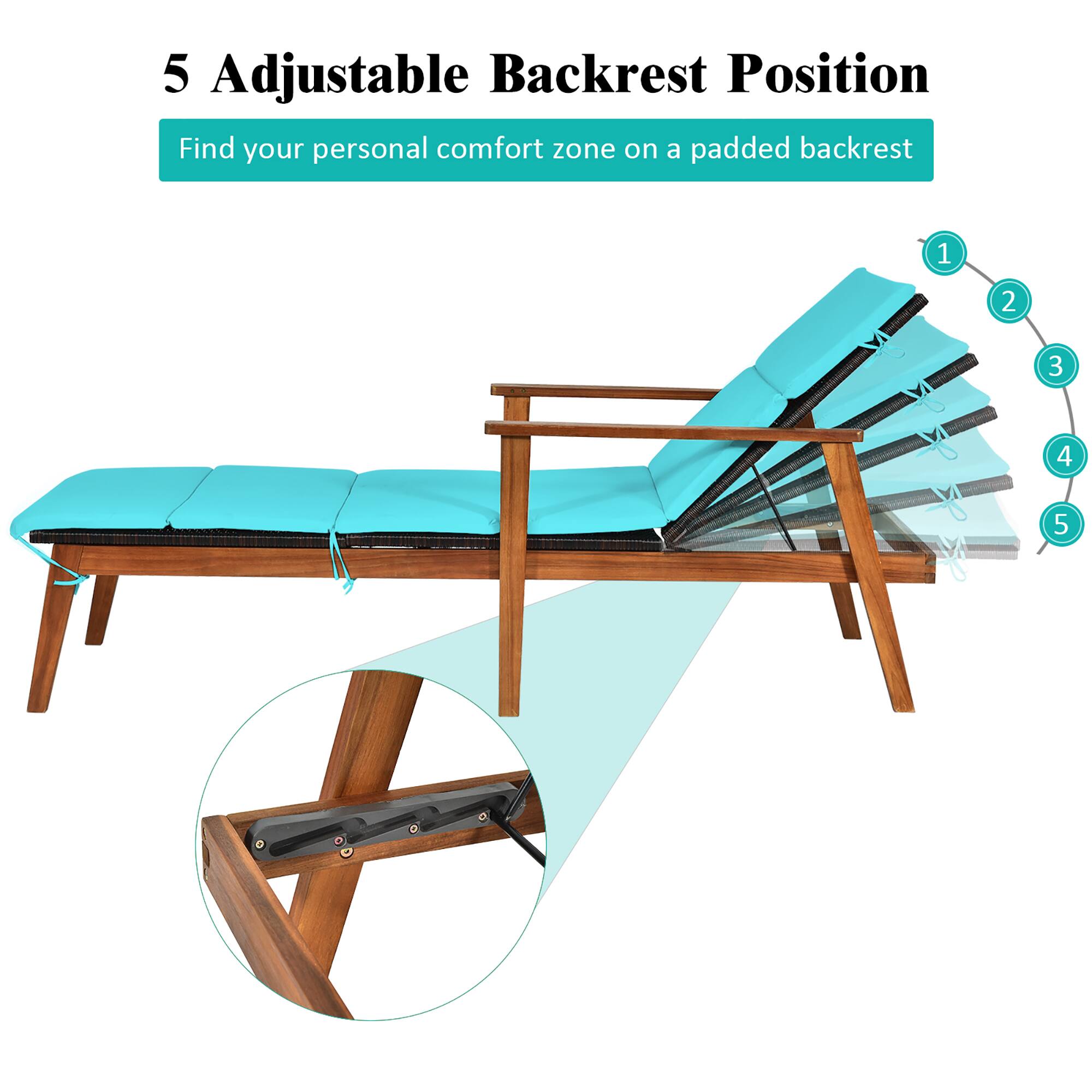 5 Adjustable Backrest Position
Find your personal comfort zone on a padded backrest
1 2 3 4 5