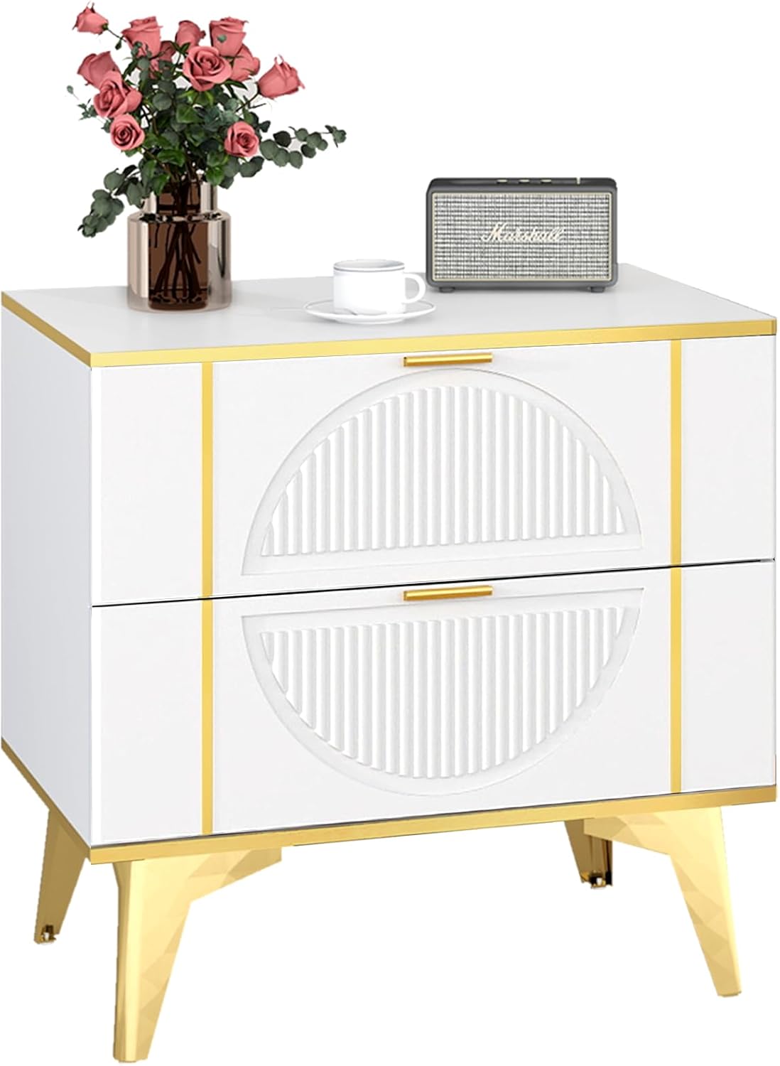 Angle. Tiramisubest - Nightstand,Light Luxury Night Stand with 2 Drawers,Wood Bedside Table with Metal Handles and Legs for Bedroom,White - White.