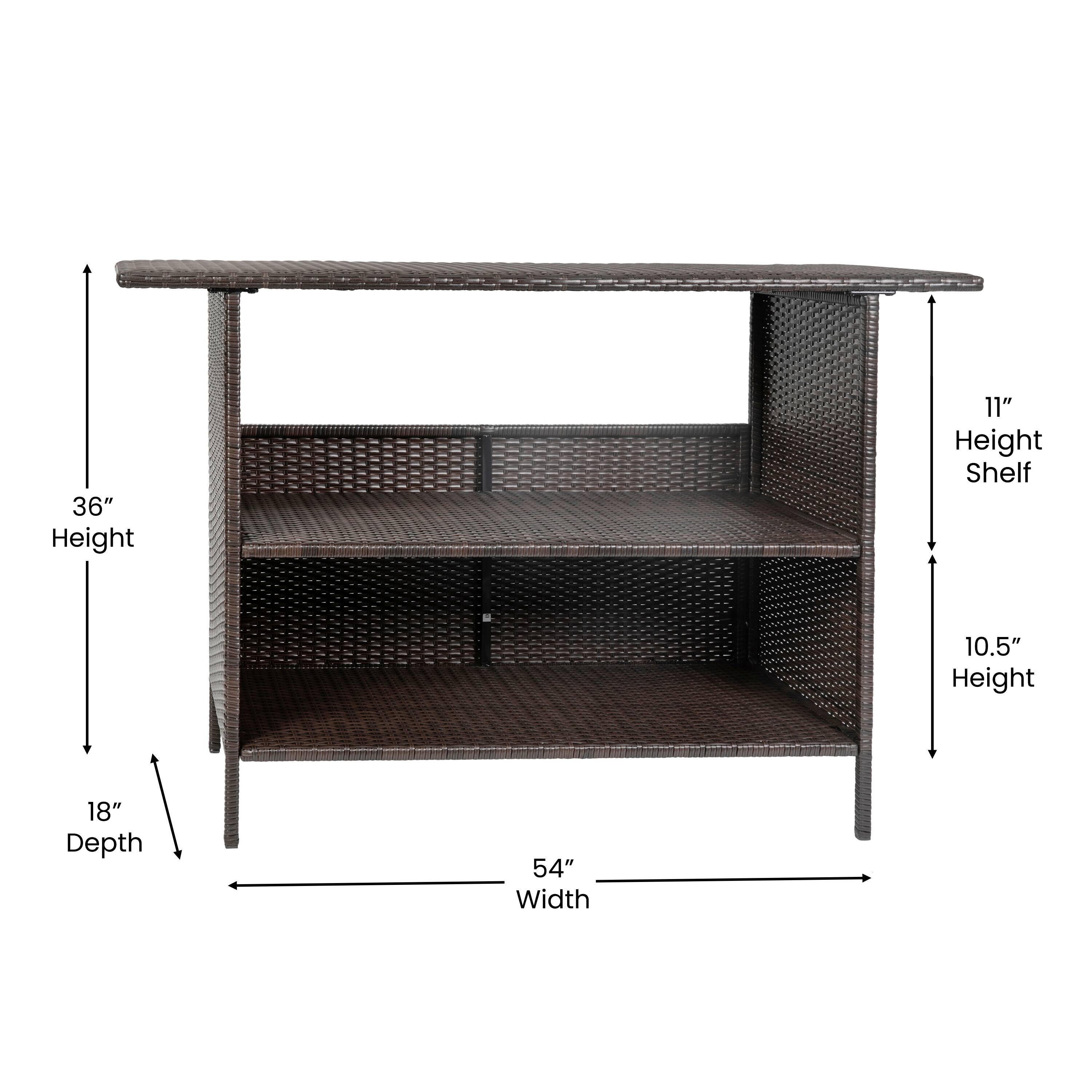 36" Height  
11" Height Shelf  
10.5" Height  
18" Depth  
54" Width
