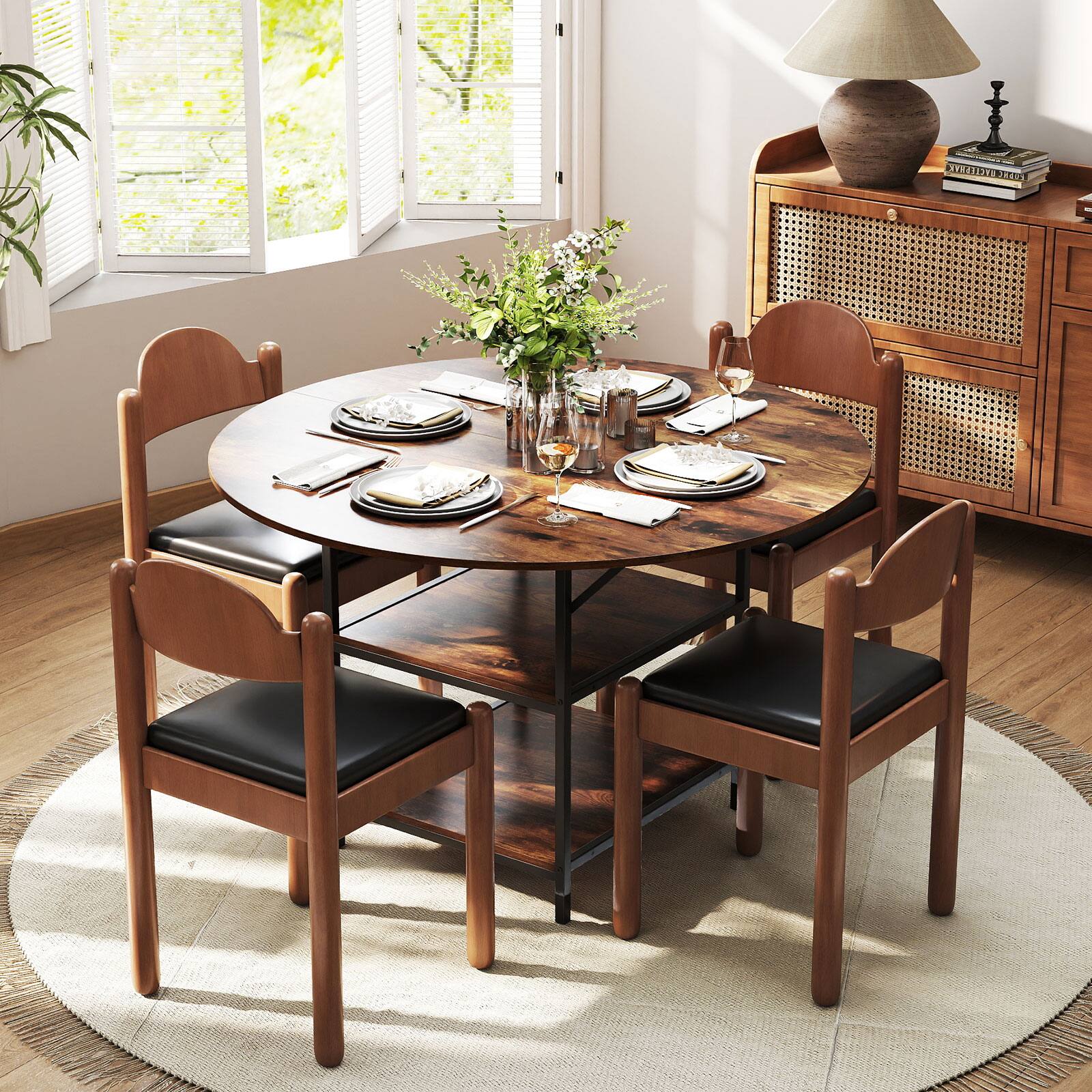 Alt View 3. Gymax - Gymax 47'' Round Dining Table for w/2-Tier Storage Shelves & Heavy-Duty Metal Frame Rustic Brown - Brown.