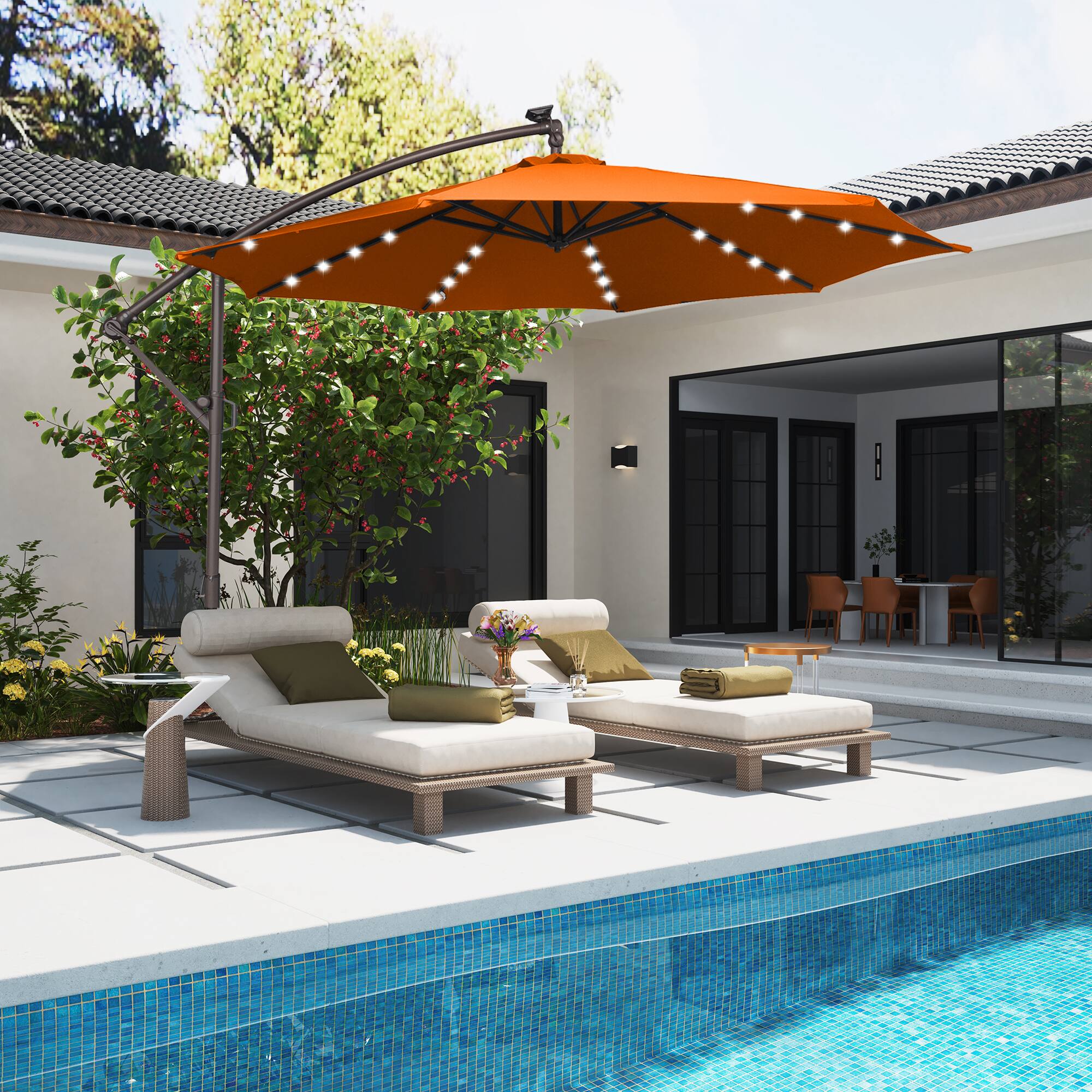 Alt View 5. Mondawe - 10ft Offset Patio Cantilever Umbrella with Easy Tilt，Crank 360°Rotate，Solar LED Lighted - Orange.