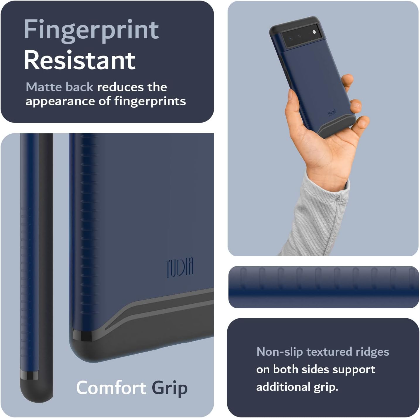 Fingerprint Resistant  
Matte back reduces the appearance of fingerprints  

Comfort Grip  
Non-slip textured ridges on both sides support additional grip.