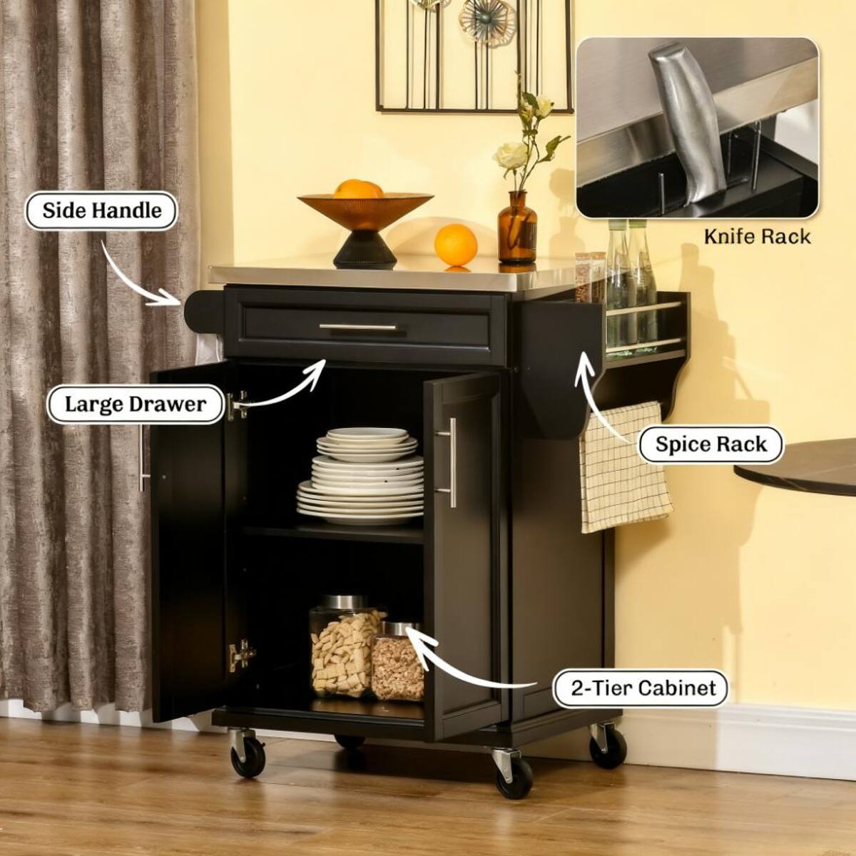 - Side Handle
- Knife Rack
- Large Drawer
- Spice Rack
- 2-Tier Cabinet