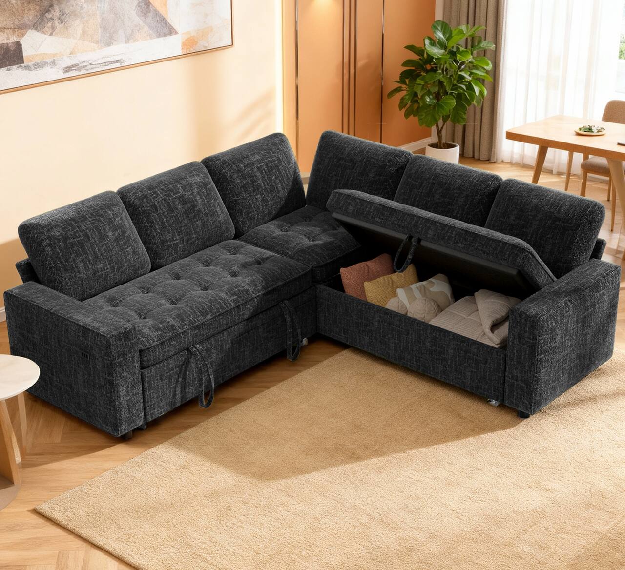 Alt View 1. Dyonery - 78" Modular Sectional Couch Sofa with Pull Out Bed, with USB Ports,Adjustable Backrest,Storage Seats,Tool-Free Assembly - Black.