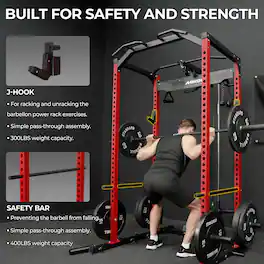 Mikolo - Multi-Functional Squat Rack with LAT Pulldown System Exercise Power Cages,Metal - Red