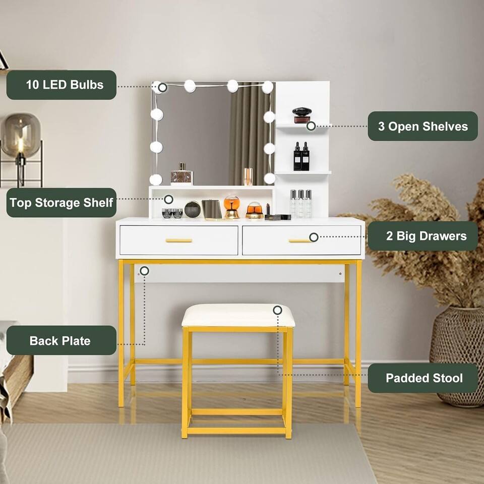 10 LED Bulbs  
3 Open Shelves  
Top Storage Shelf  
2 Big Drawers  
Back Plate  
Padded Stool