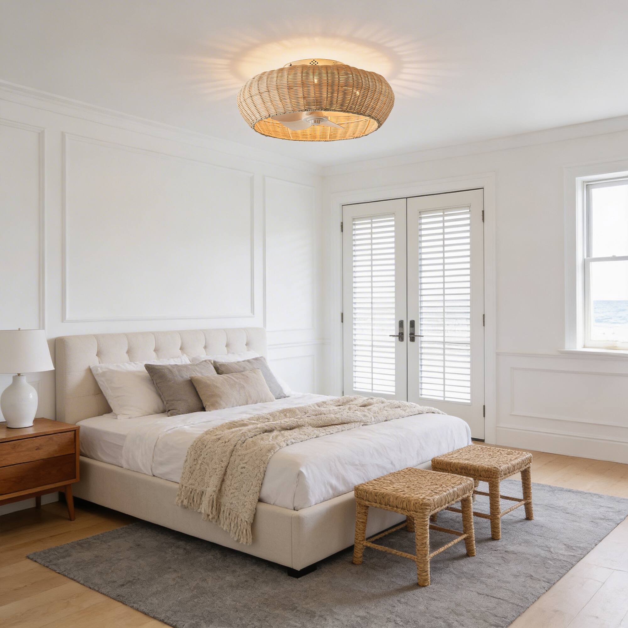 Back. Vaczon - 20" Boho Rattan Caged Ceiling Fan with Light and Remote, 6-Speed Reversible Blades, Low-Profile Flush Mount Ceiling Fan - Natural Rattan.