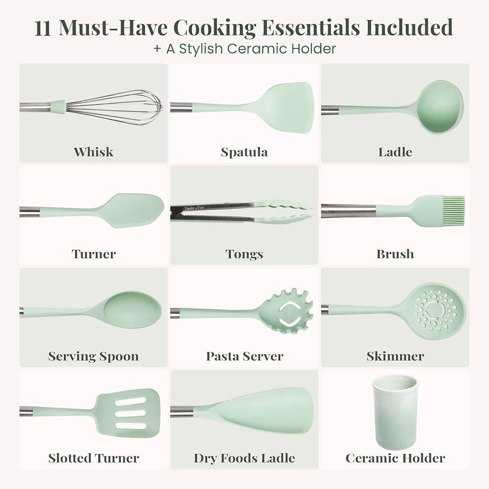 11 Must-Have Cooking Essentials Included  
+ A Stylish Ceramic Holder  

- Whisk  
- Spatula  
- Ladle  
- Turner  
- Tongs  
- Brush  
- Serving Spoon  
- Pasta Server  
- Skimmer  
- Slotted Turner  
- Dry Foods Ladle  
- Ceramic Holder
