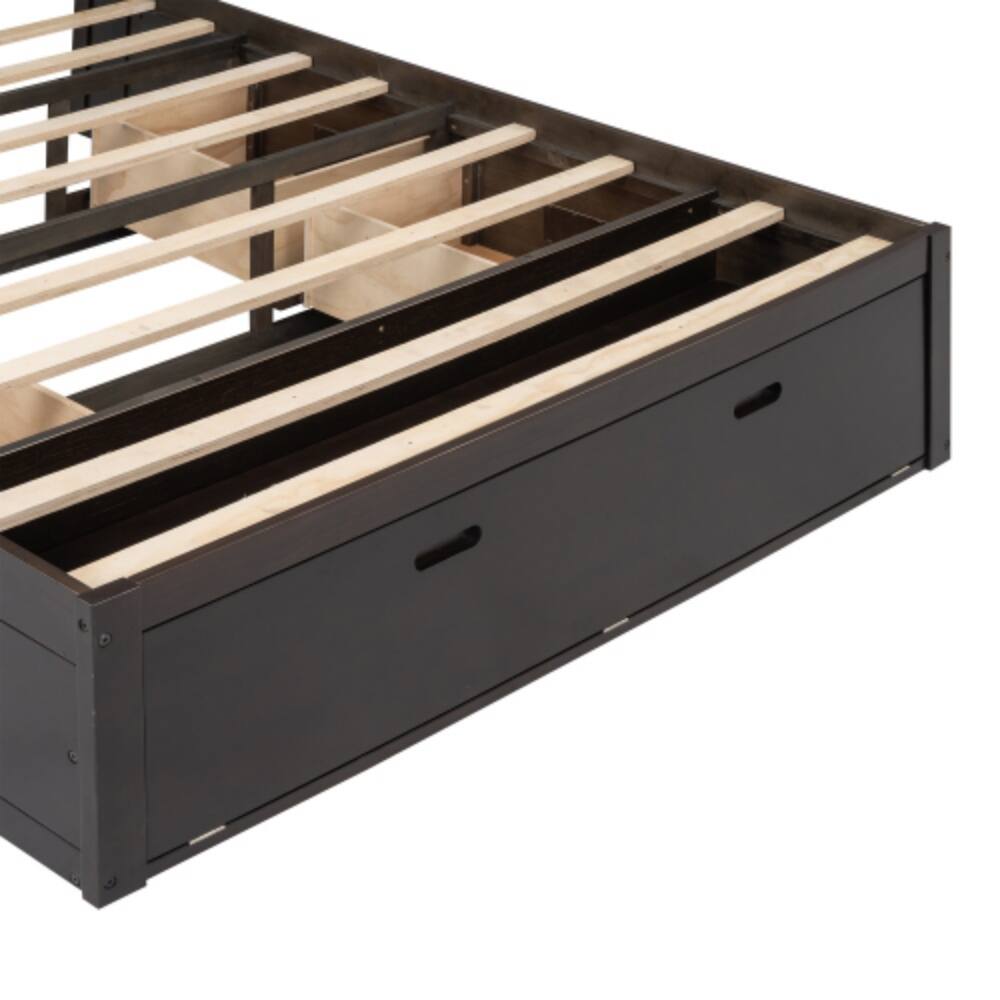 Alt View 5. LUCKY ONE - Queen Size Wood Platform Bed with Storage Headboard, 4 Drawers, Shoe Rack, Wood Slats, No Box Spring Needed - Espresso.