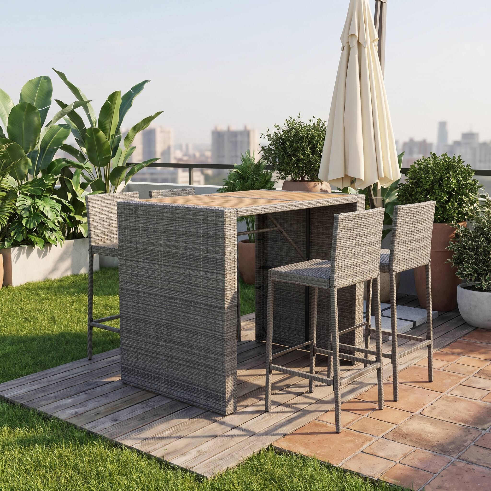 Front. Whisen - 5-Piece Outdoor Bar Set,Acacia Wood Bistro Table and 4 Wicker Chairs with Cushions - Gray.