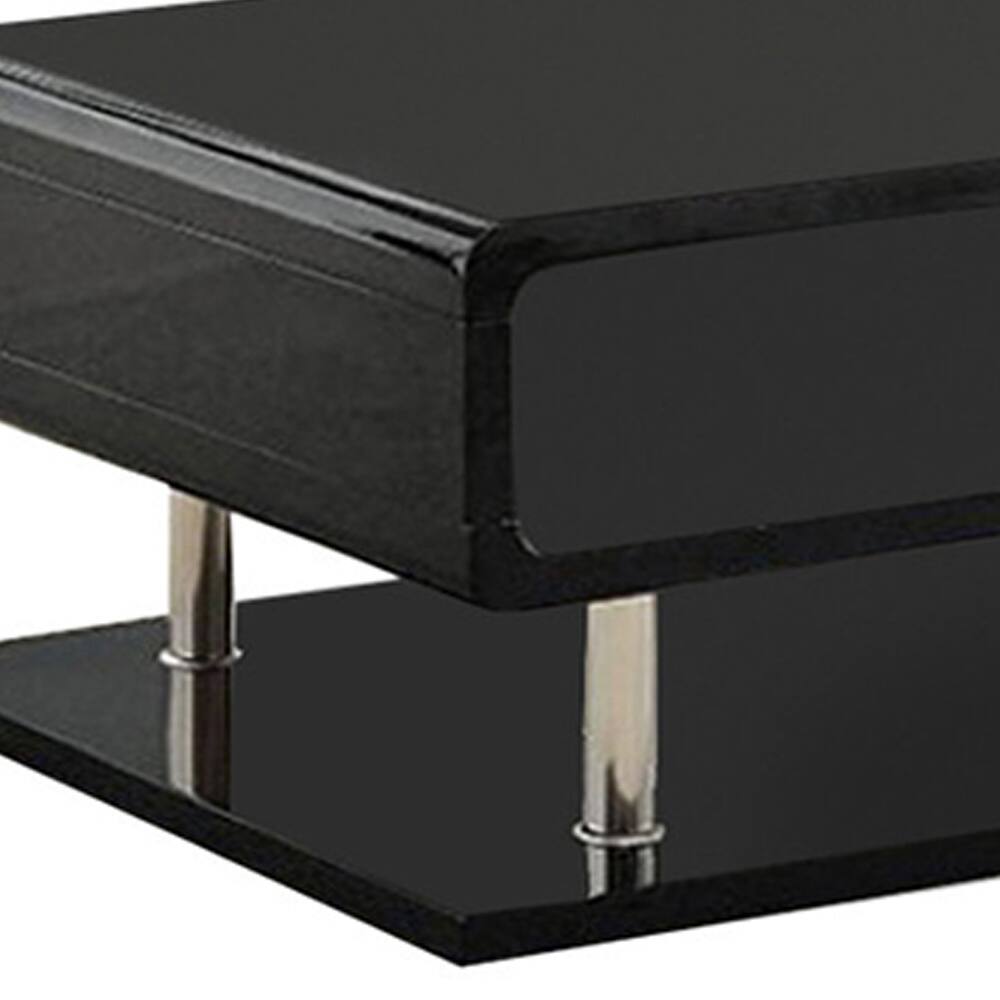 Alt View 3. Manhattan Lane - Wooden Coffee Table with Curling Shelf and Metal Poles, Black - Black.