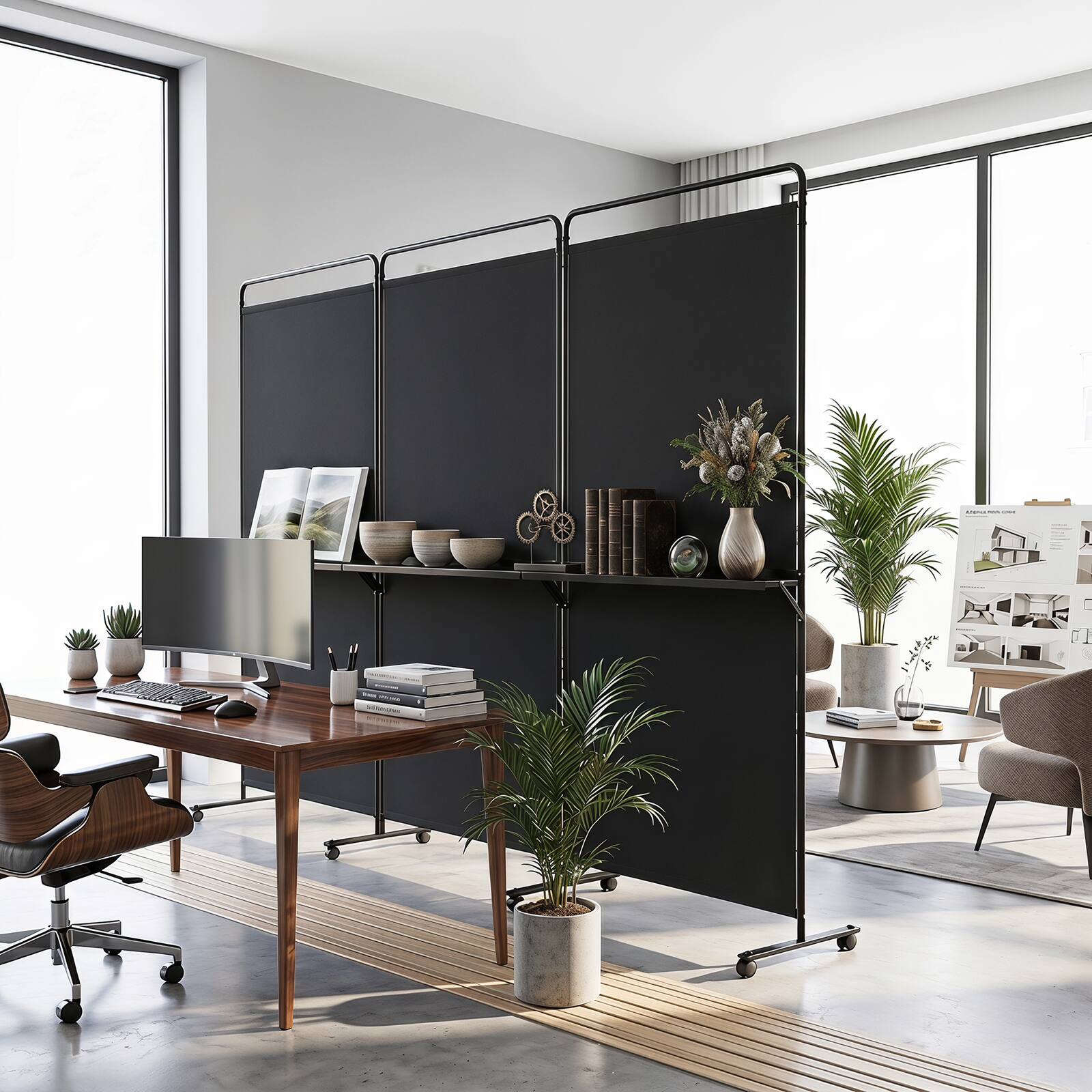 Alt View 3. Costway - Costway 3-Panel Room Divider with Storage Shelves 6FT Tall Folding Privacy Screen on Wheels - Black.