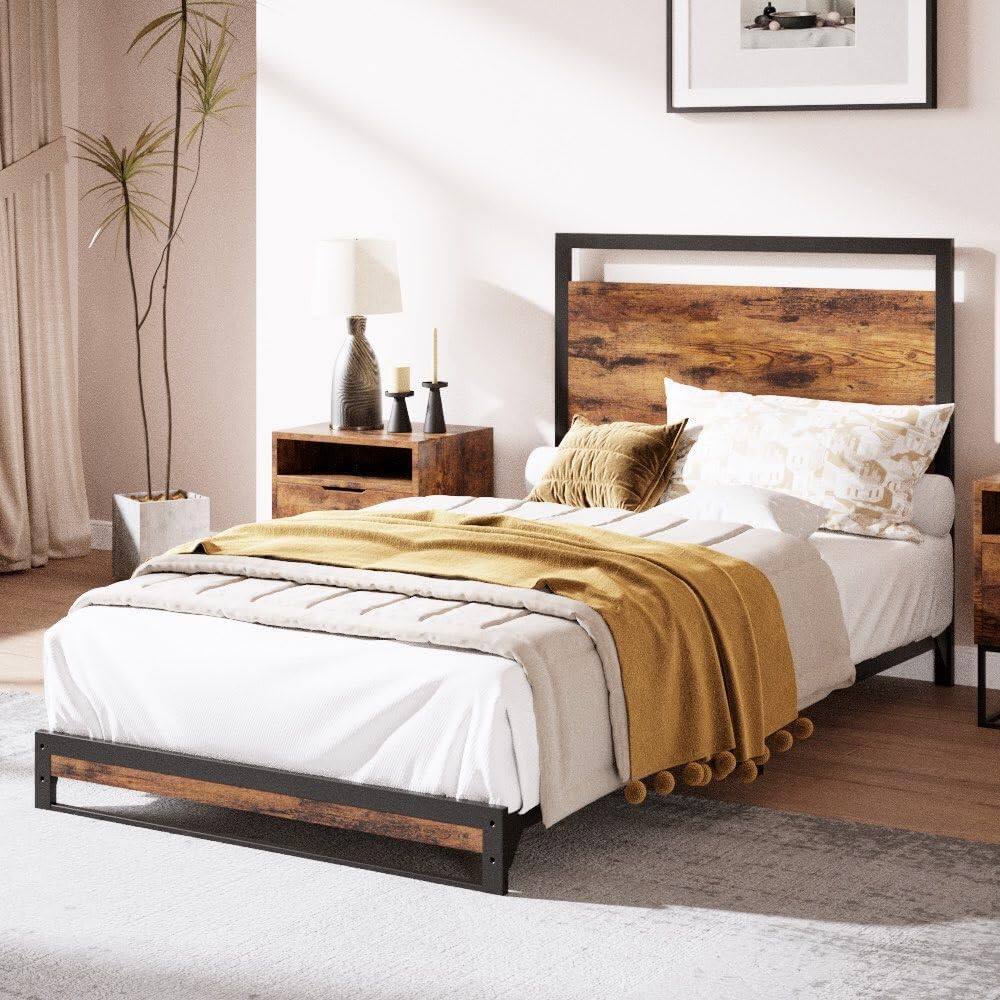 Homhougo- Twin Bed Frame with Wood Headboard and Footboard, Metal Platform Bed Frame with Under Bed Storage, 6 Inch High, No Box- Rustic Brown