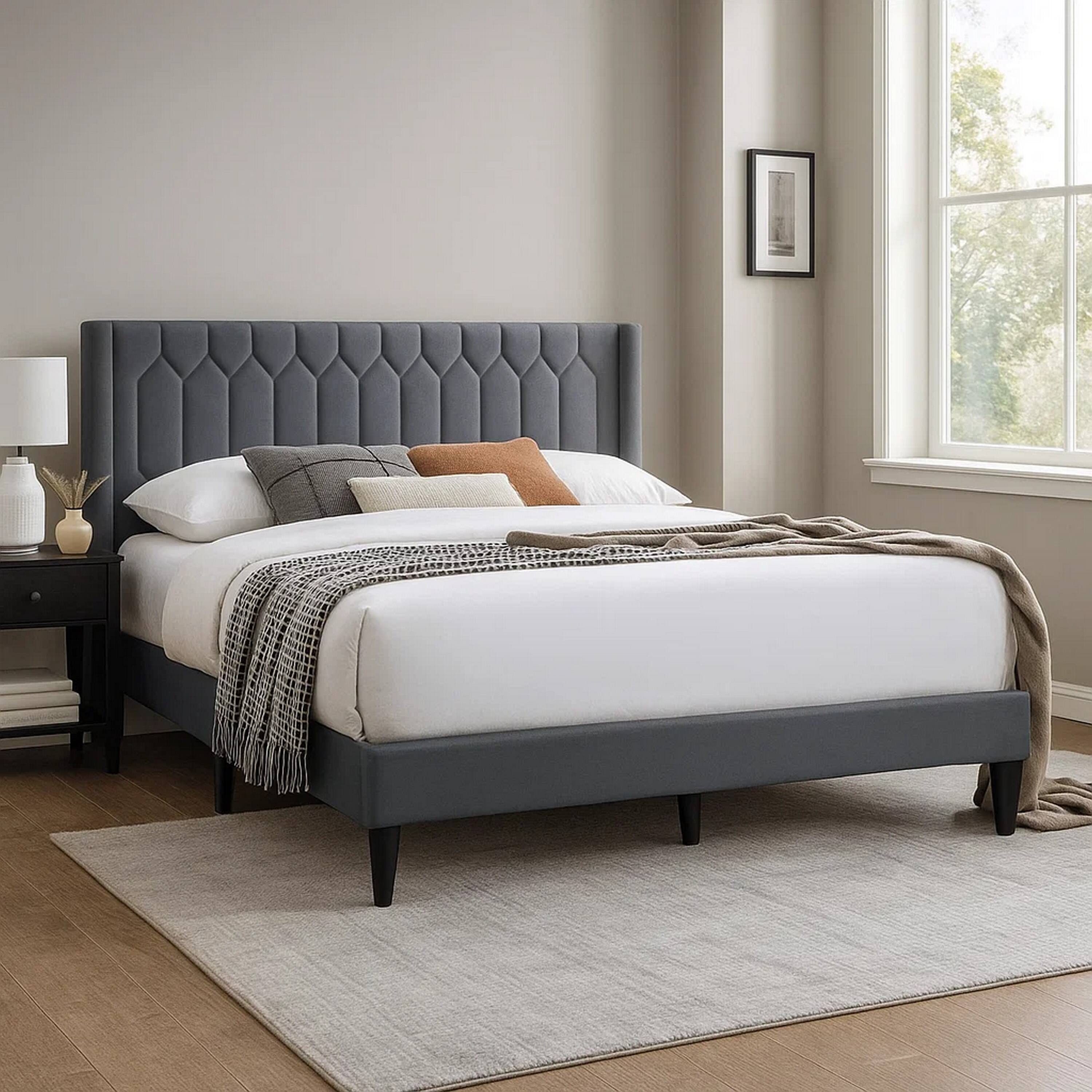 Alt View 3. Manhattan Lane - Liana Full Bed, Tufted Charcoal Gray Burlap Upholstery, Foam Padding - Charcoal Gray, Black.