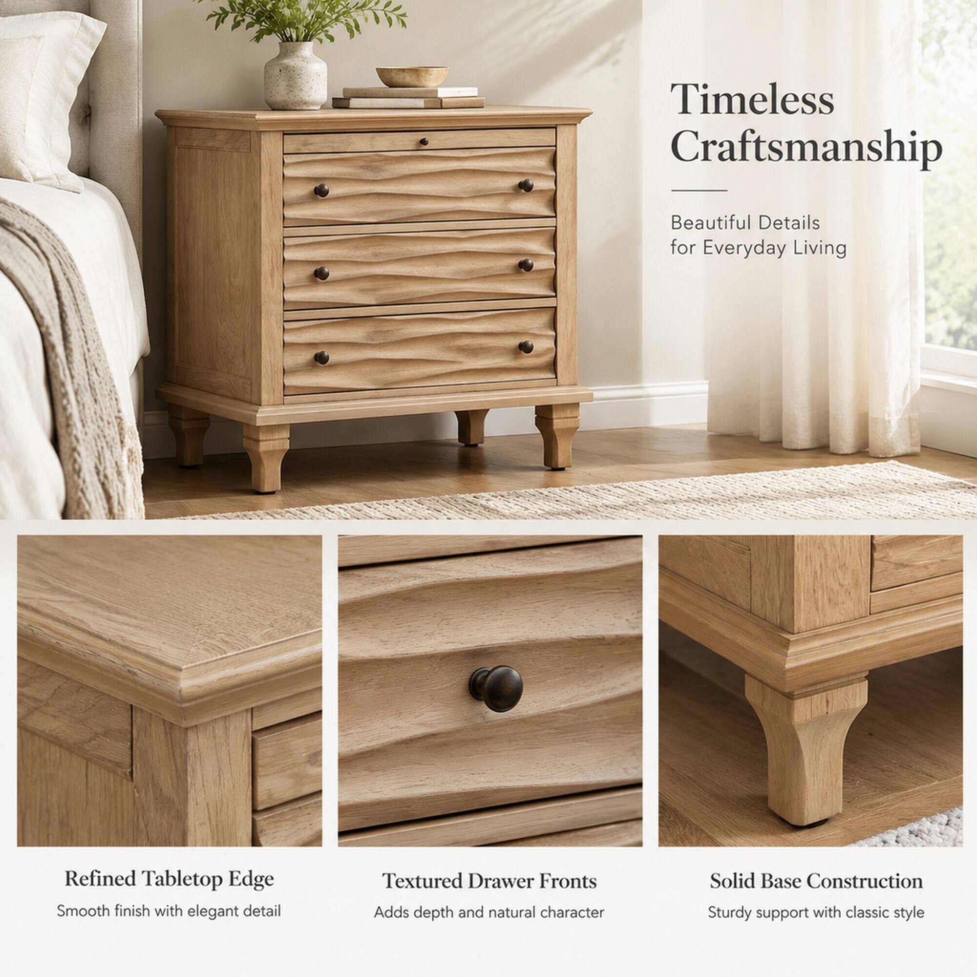 Timeless Craftsmanship  
Beautiful Details for Everyday Living  

Refined Tabletop Edge  
Smooth finish with elegant detail  

Textured Drawer Fronts  
Adds depth and natural character  

Solid Base Construction  
Sturdy support with classic style