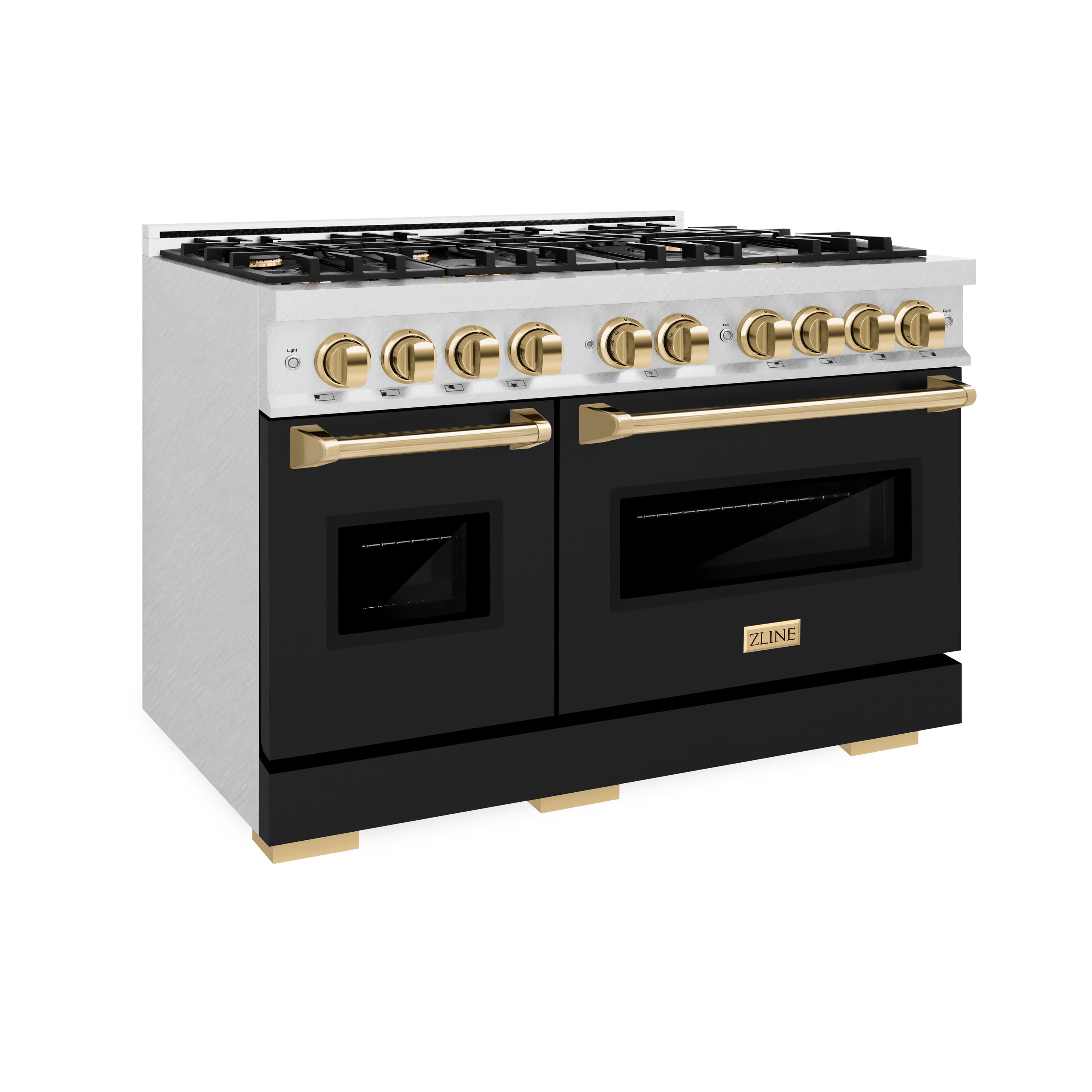 ZLINE - Autograph 48 in. 6.7 cu. ft. Freestanding Classic Satin Steel Gas Range w/ Black Doors & Gold Accents - Black Matte
