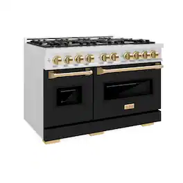 ZLINE - Autograph 48 in. 6.7 cu. ft. Freestanding Classic Satin Steel Gas Range w/ Black Doors & Gold Accents - Black Matte