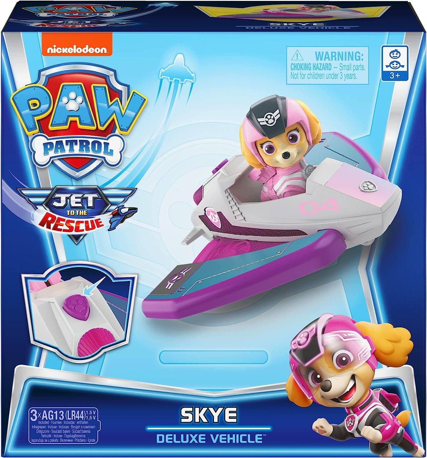 PAW PATROL  
SKYE DELUXE VEHICLE  
nickelodeon PAW PATROL JET TO THE RESCUE AGN  
EEEELT  
! WARNING: CHOKING HAZARD - Small parts. Not for children under 3 years. 04  
3+  
1.5V 3+ AG13 (LR44) 1,5V beouon ourmies noucas entraten Inbegrepen induse inclusas  8 CAFTAG Doleczone Soucast caleri Sucast'baleria Tartozak incluse  Isporuduju SH pakefu  Pricteno (onda  
SKYE DELUXE VEHICLE