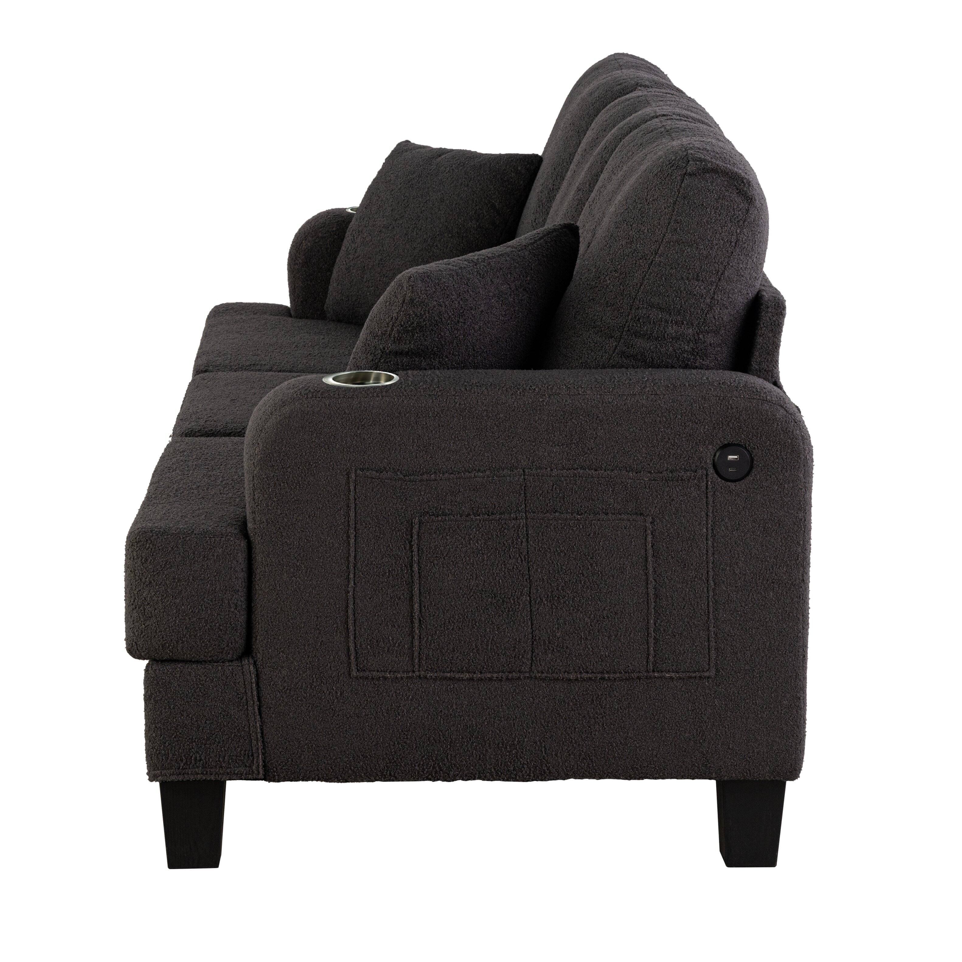 Alt View 3. Parrot Uncle - 3-Seater Fabric Upholstered Reclining Sofa with Built-In USB Charging Port and Dual Cup Holders - Charcoal black.