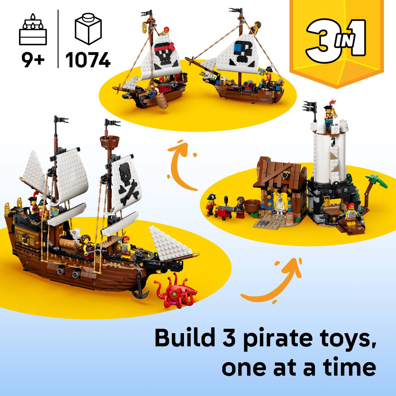 9+ 1074 SANO A 3 SAAX BE BE - Build 3 pirate toys, one at a time
