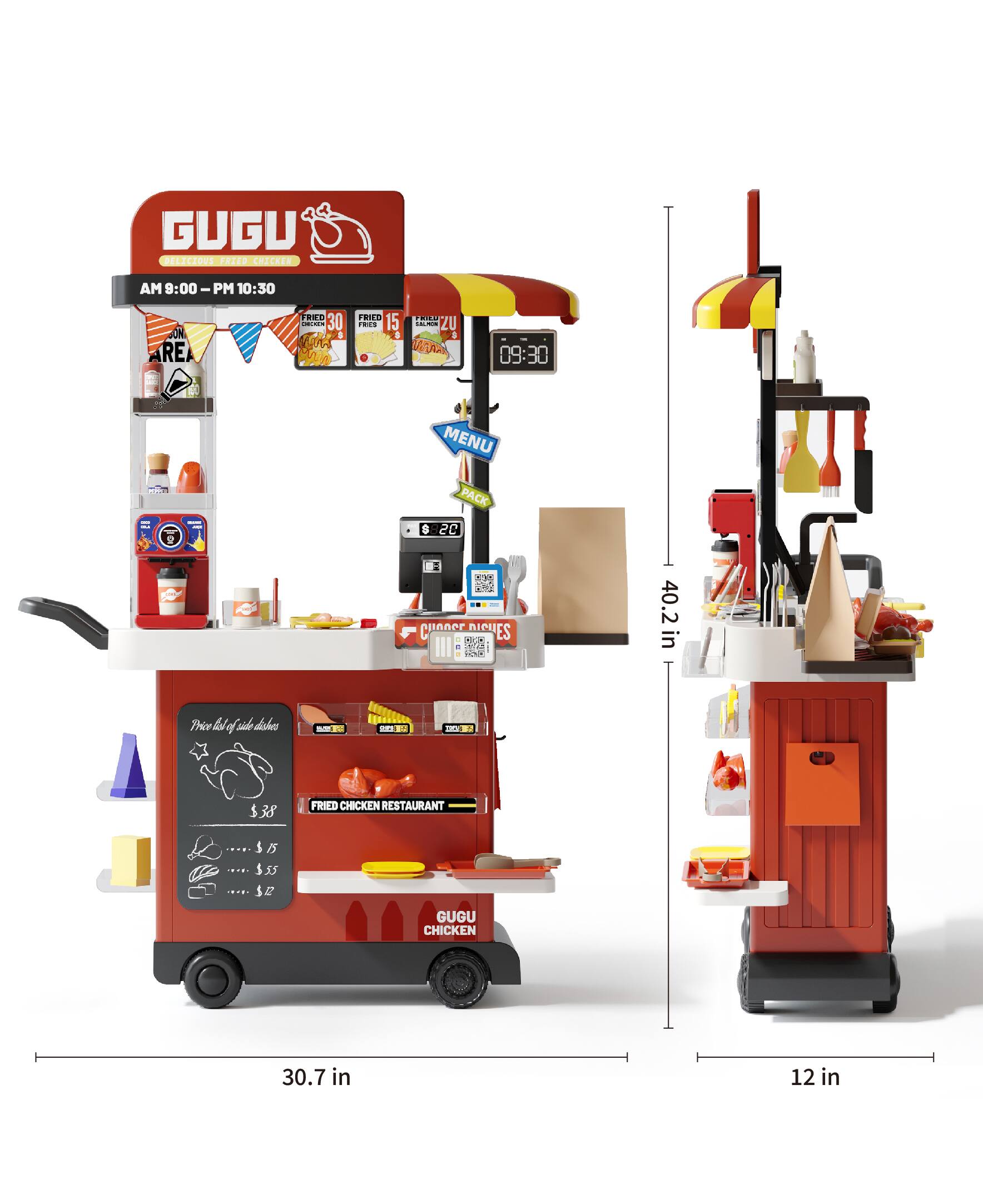 GUGU  
Fried Chicken Restaurant  

AM 9:00 - PM 10:30  

Fried Chicken  
- 30 oz  
- 15 oz  
- 12 oz  

Menu  
- Fried Chicken ... $5  
- Fried Rice ... $5  
- Fried Vegetables ... $2  

Pack ... $20  

Price list of side dishes  
- ... $15  
- ... $35  
- ... $2  

GUGU Chicken  

40.2 in  
30.7 in  
12 in