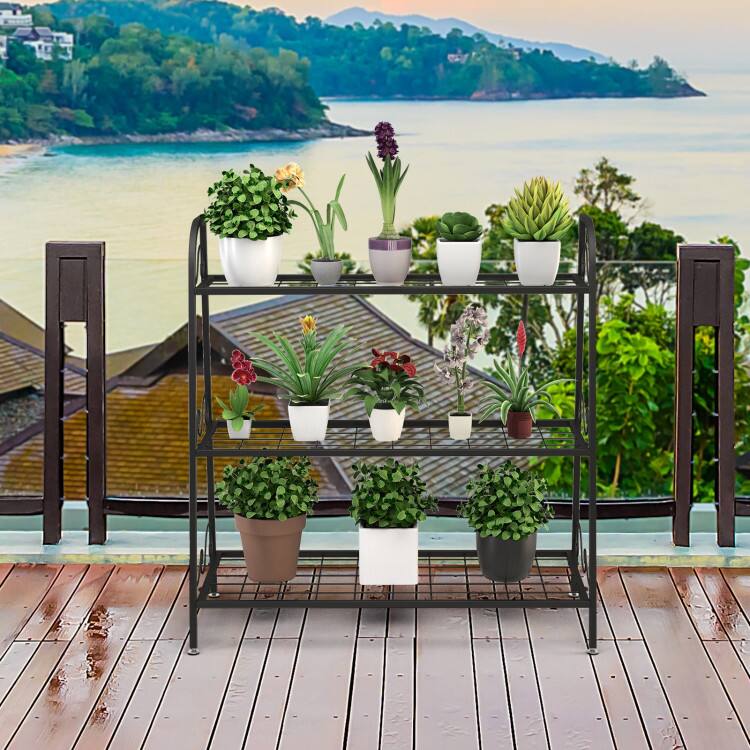 Left. SlickBlue - 3-Tier Metal Shelf Rack for Plants, Shoes, and Flower Pot Display Indoors & Outdoors - Black.