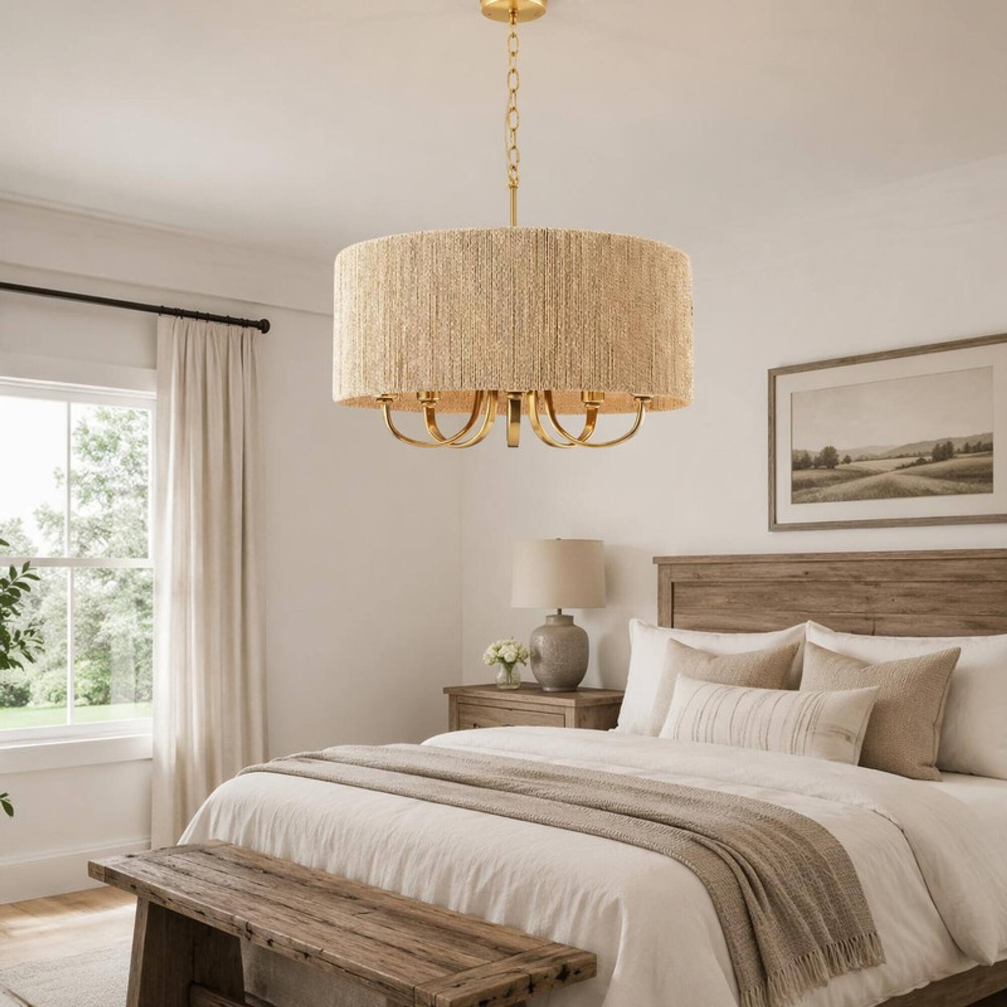 Back. RYHNUYNE - 22" Gold Rattan Farmhouse Chandelier, 5-Light Rustic Boho Pendant Lighting with Rattan Shade for Dining & Living Room - Gold.
