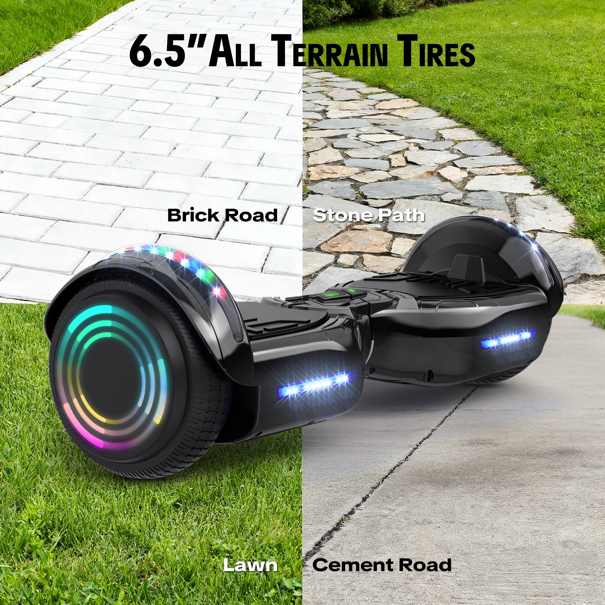 6.5" All Terrain Tires

Brick Road / Stone Path

Lawn / Cement Road