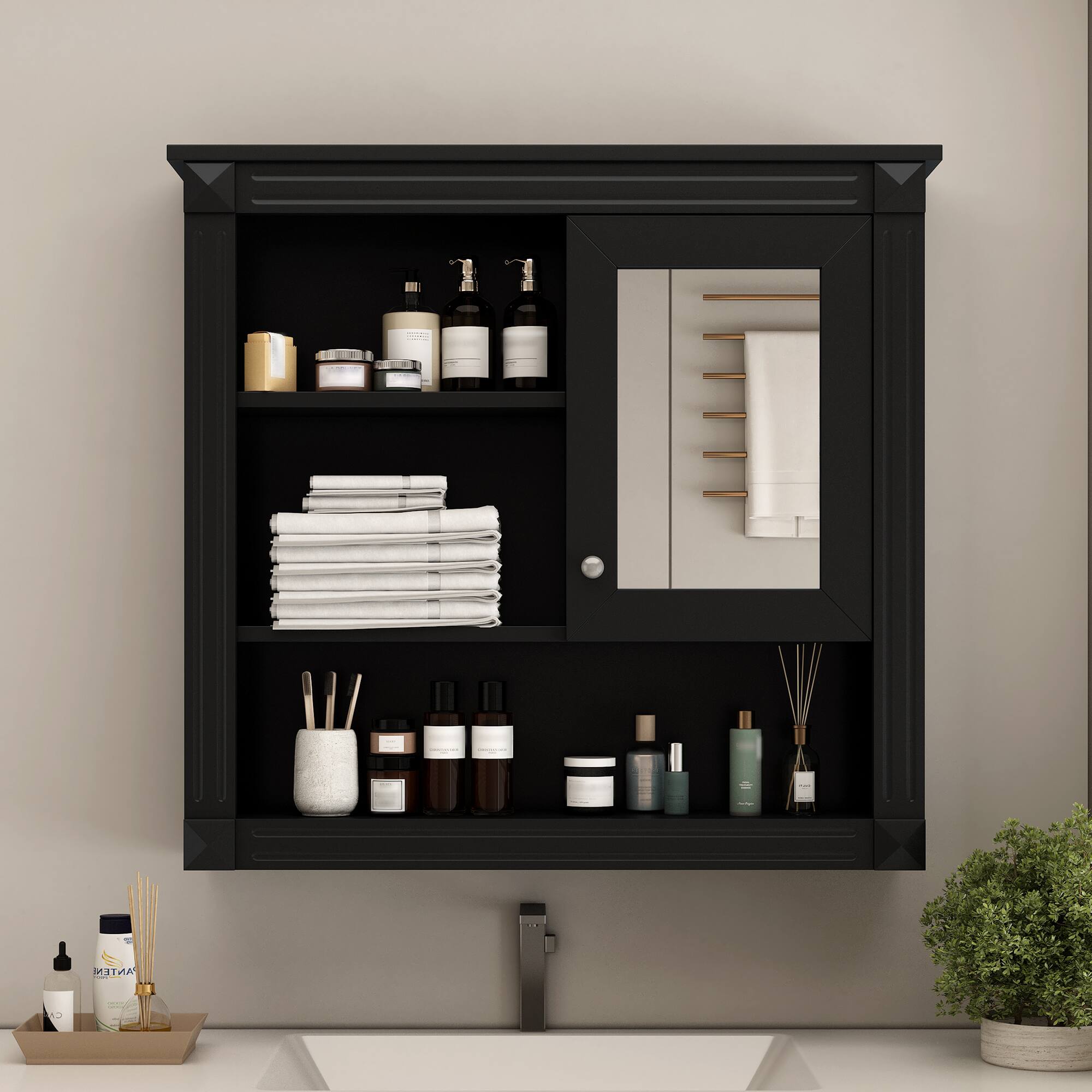 Alt View 2. APRILSOUL - 32 inch Bathroom Wall Cabinet with Mirror Wall Mounted Medicine Cabinet with 4 Shelves - Black.