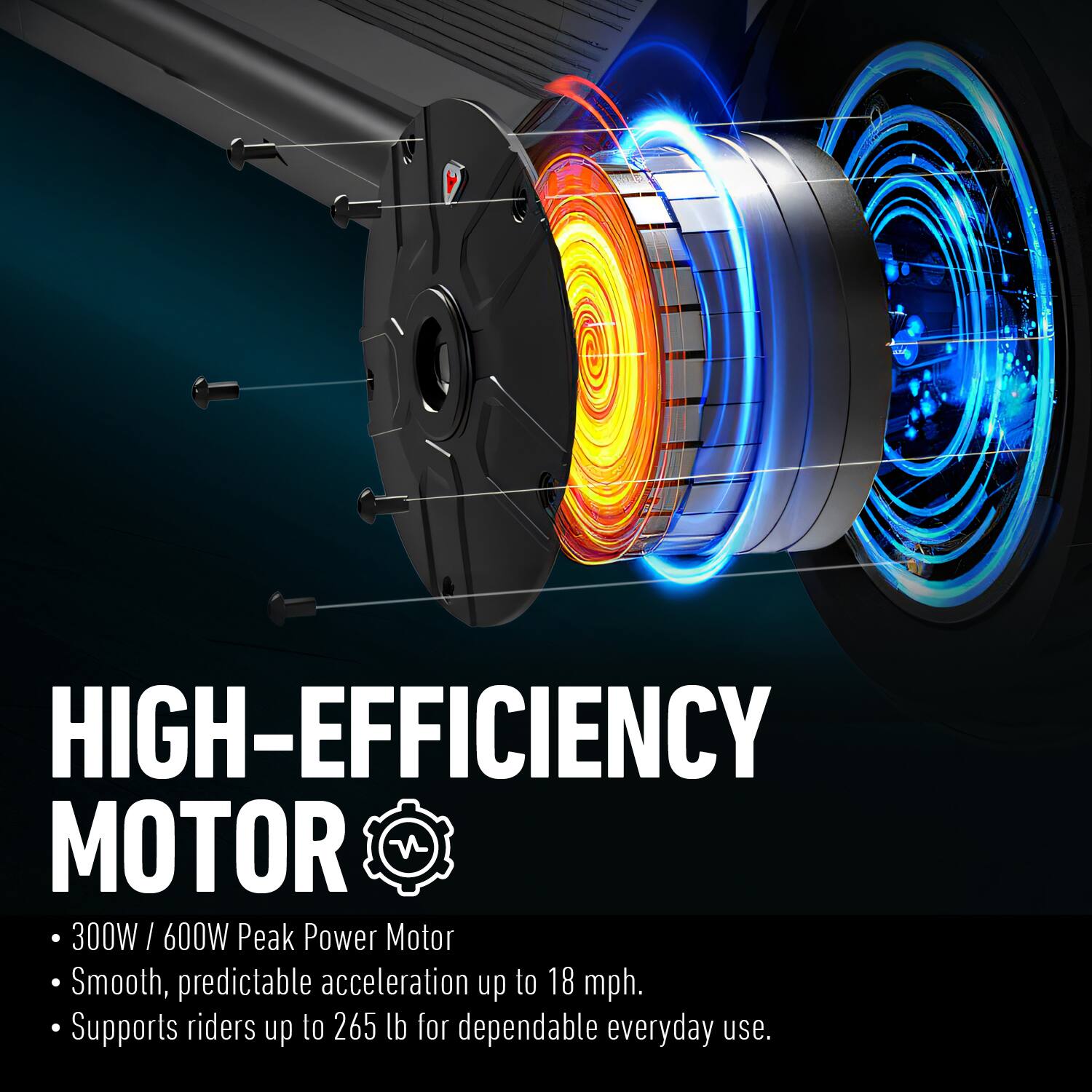 HIGH-EFFICIENCY MOTOR

- 300W / 600W Peak Power Motor
- Smooth, predictable acceleration up to 18 mph.
- Supports riders up to 265 lb for dependable everyday use.