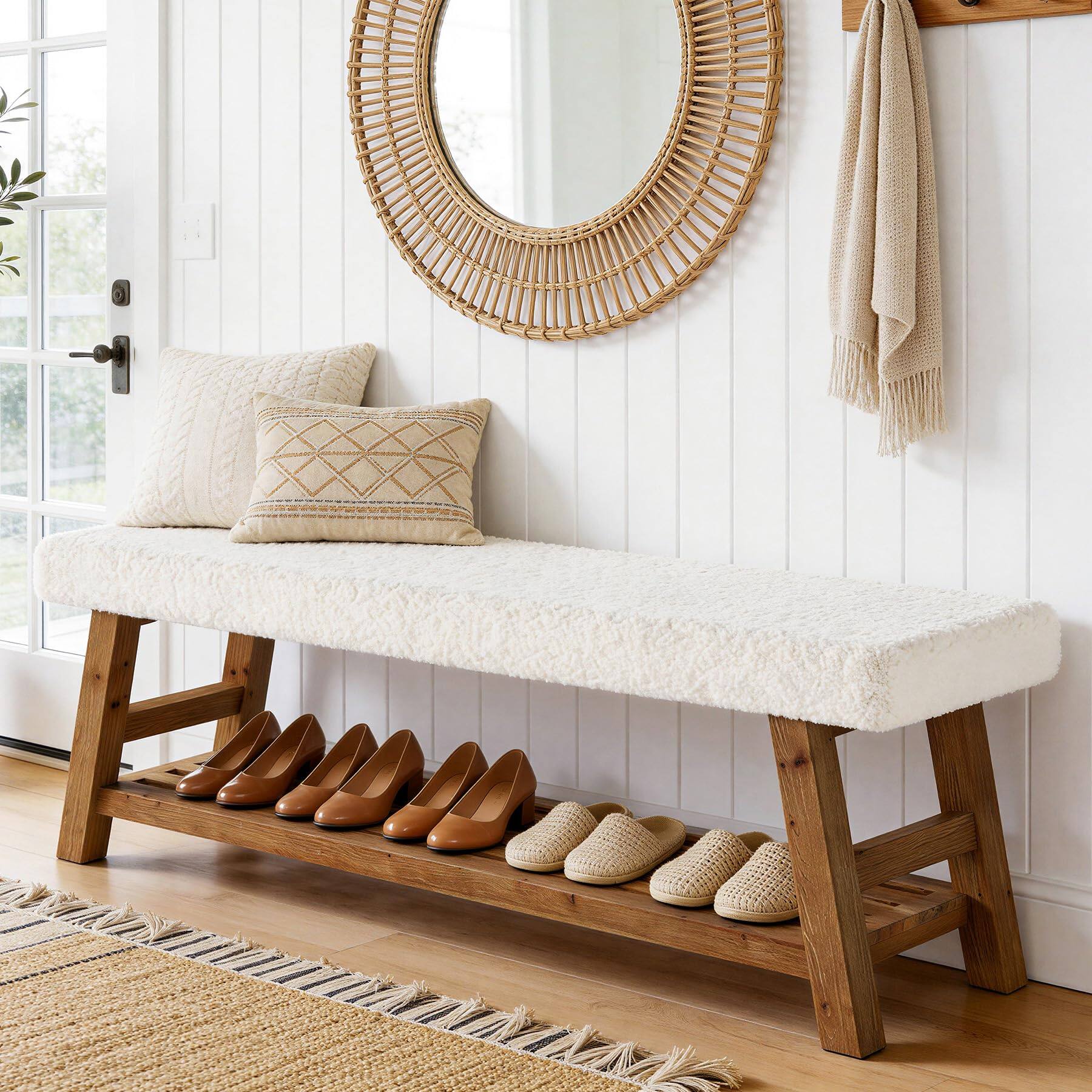 Alt View 4. Tribesigns - 55-Inch Upholstered Entryway Bench, 2-Tier Solid Wood Shoe Bench with Cushion and Storage, Modern End of Bed Seating for - White & Brown.