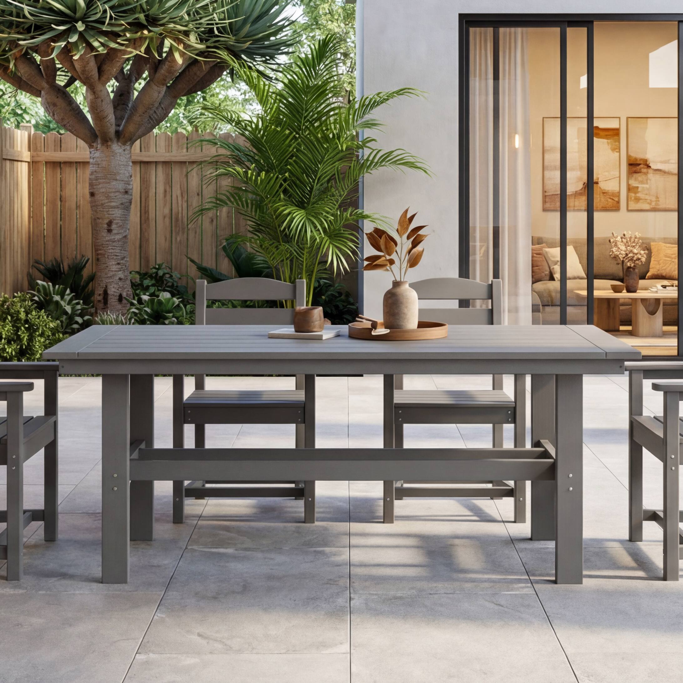 Left. Famapy - HDPE Outdoor Dining Table with Umbrella Hole & Cap-Solid Panel Patio Table for 8 People Weatherproof & Low Maintenance - Gray.