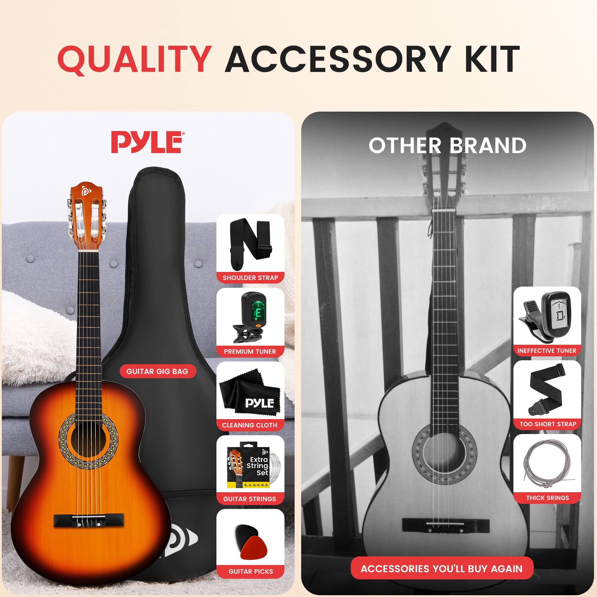 QUALITY ACCESSORY KIT  
PYLE  
OTHER BRAND  

- GUITAR GIG BAG  
- SHOULDER STRAP  
- PREMIUM TUNER  
- CLEANING CLOTH  
- EXTRA STRING SET  
- LABRE GUITAR STRINGS  
- GUITAR PICKS  

IN EFFECTIVE TUNER  
TOO SHORT STRAP  
THICK STRINGS  

ACCESSORIES YOU'LL BUY AGAIN